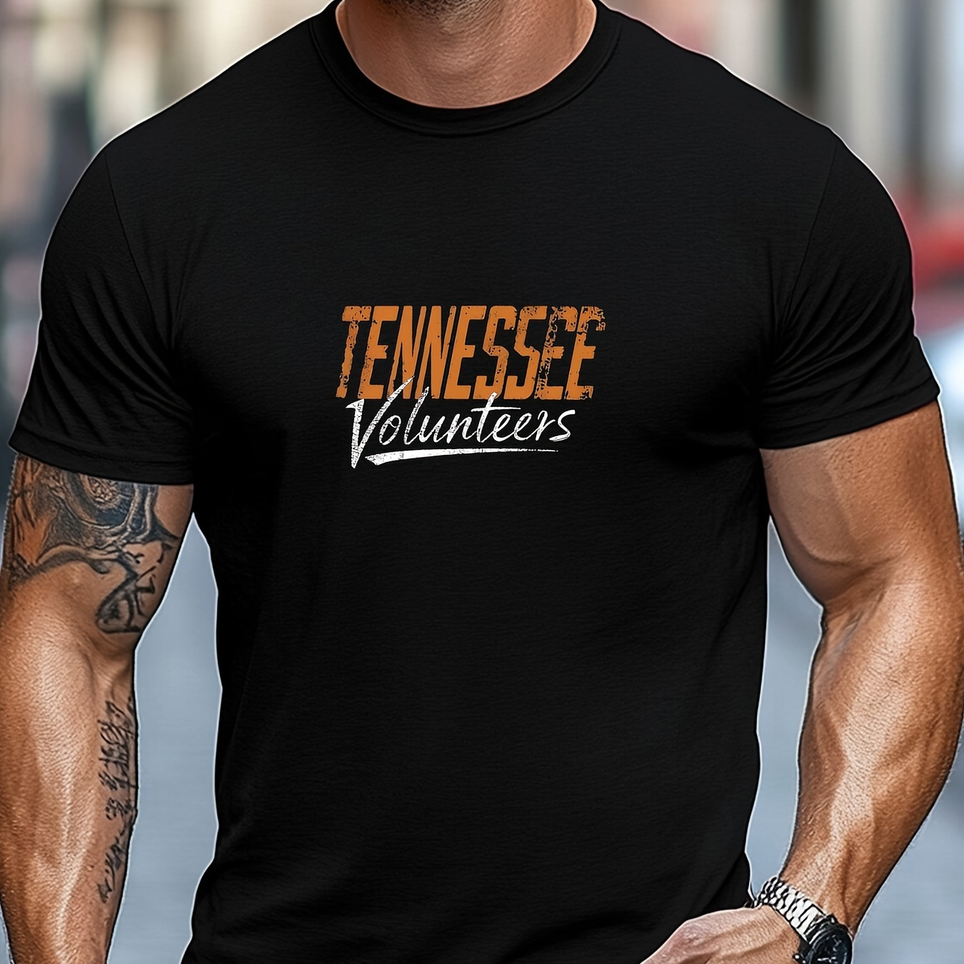

Graphic T-shirt For Men, Polyester Crew Neck Tee, Casual Solid Color Short-sleeve Shirt, Regular Fabric Top With Slight Stretch For
