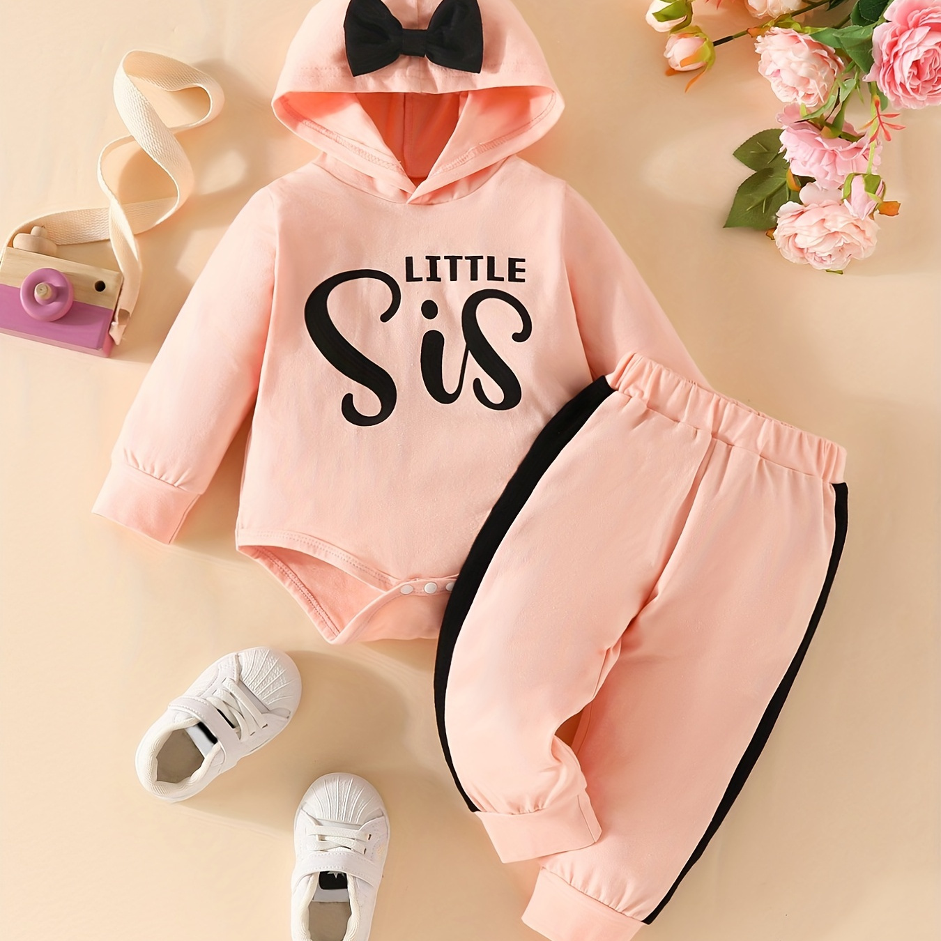 

Baby Girl's Little Sis Letter Print Hoodie Romper + Patchwork Pants Set