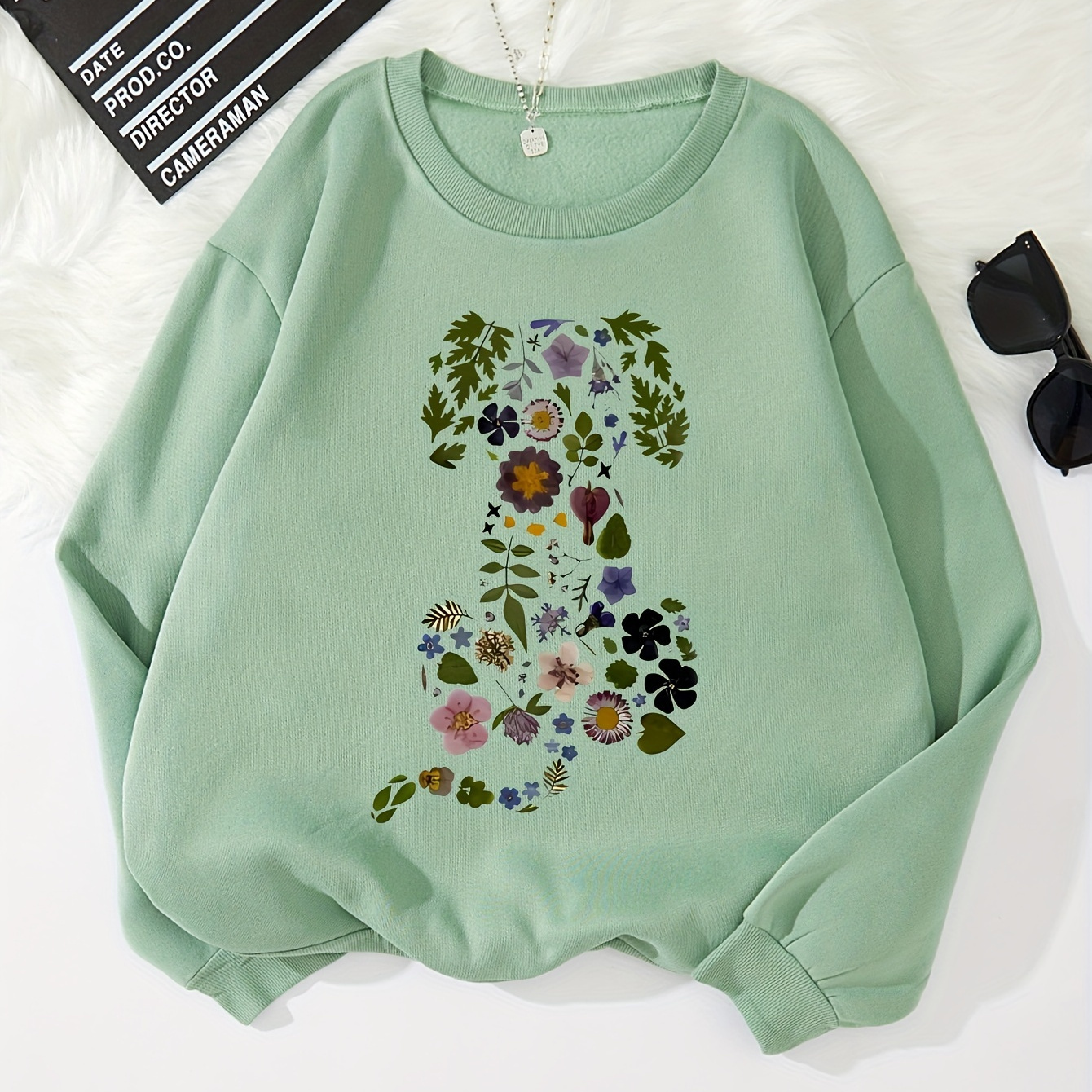 

Dog ＆ Floral Print Pullover Sweatshirt, Casual Long Sleeve Crew Neck Sweatshirt For Fall & Winter, Women's Clothing