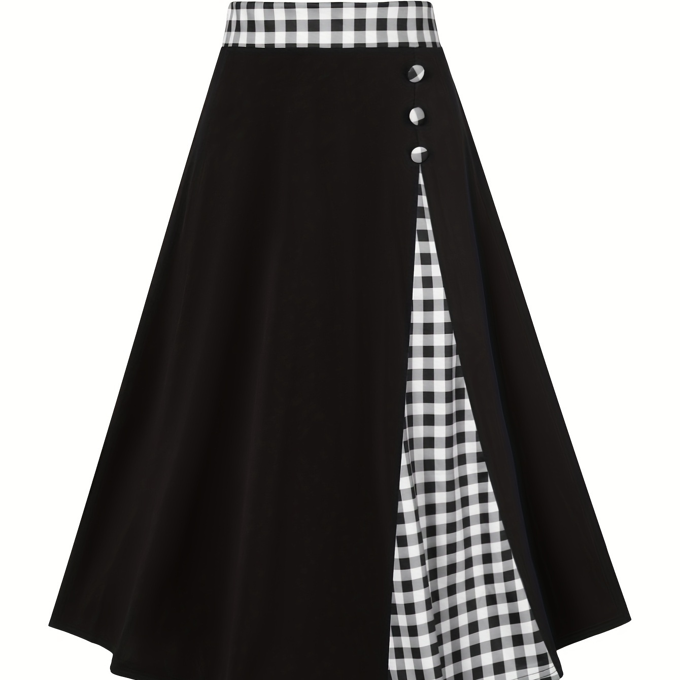 

Color Block Plaid High Waist Skirt, Elegant Button Ruffle A Line Midi Skirt, Women's Clothing