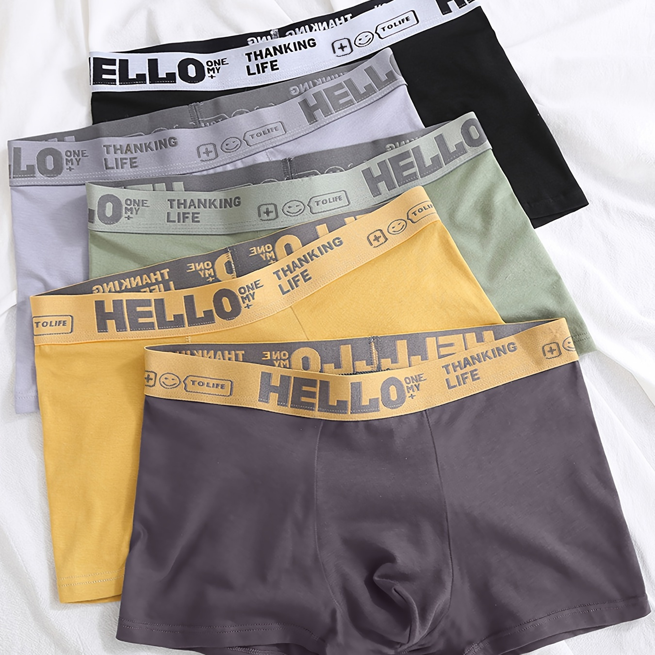 

5pcs Men's Underwear, 'hello' Print Fashion Breathable Comfy Stretchy Boxer Briefs Shorts, Male Underpants For Home & Daily Wear
