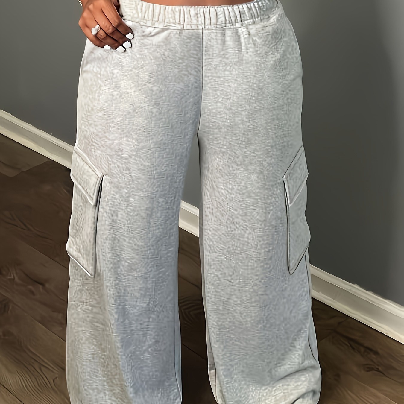 

Plus Size Flap Pockets Loose Cargo Pants, Casual Solid Color Elastic Waist Drawstring Pants, Women's Plus Size Clothing