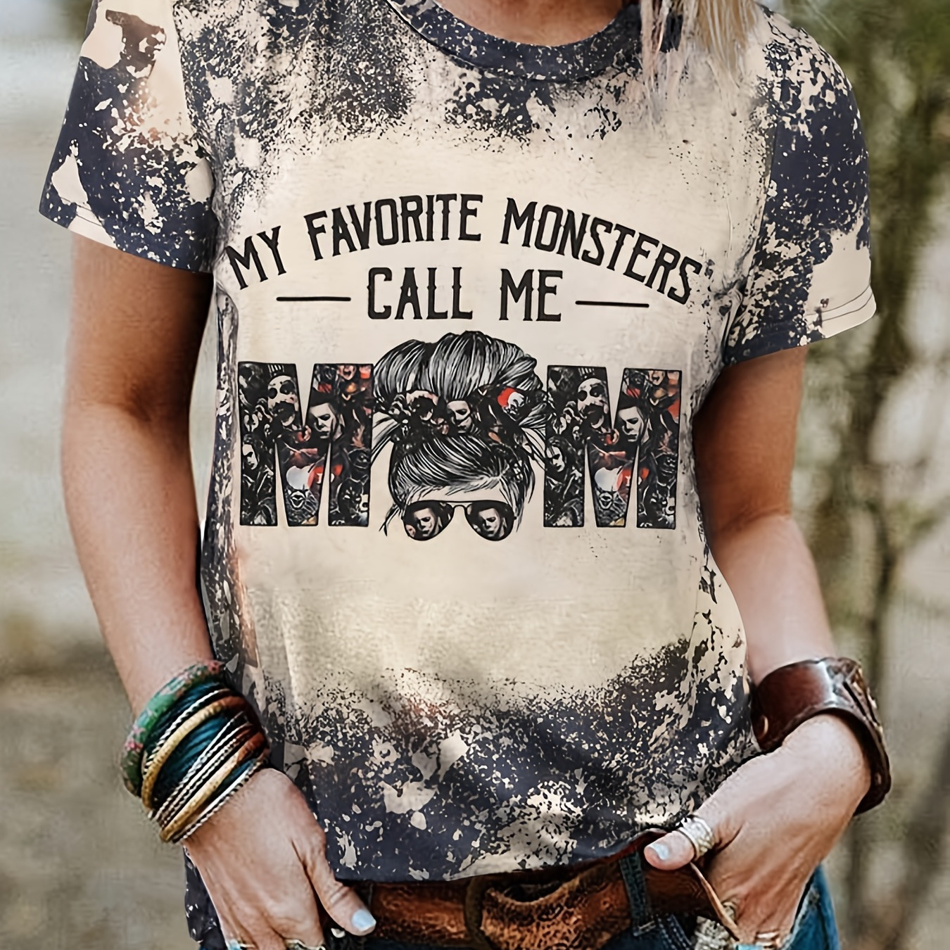 

Vintage Letter Print T-shirt, Crew Neck Short Sleeve Loose My Favorite Monsters Call Me Mom T-shirt, Women's Clothing