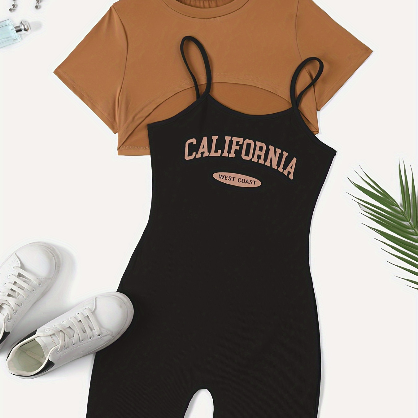 

California Print Casual Romper Jumpsuit Set, Solid Color Crew Neck Short Sleeve Crop Top & Cami Romper Jumpsuit Outfits, Women's Clothing