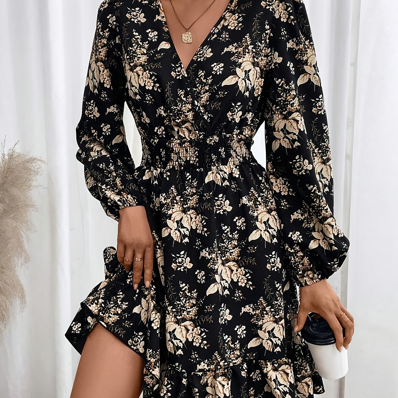 

Floral Print Lantern Sleeve A-line Dress, Elegant Surplice Neck Ruffle Hem Shirred Waist Dress, Women's Clothing