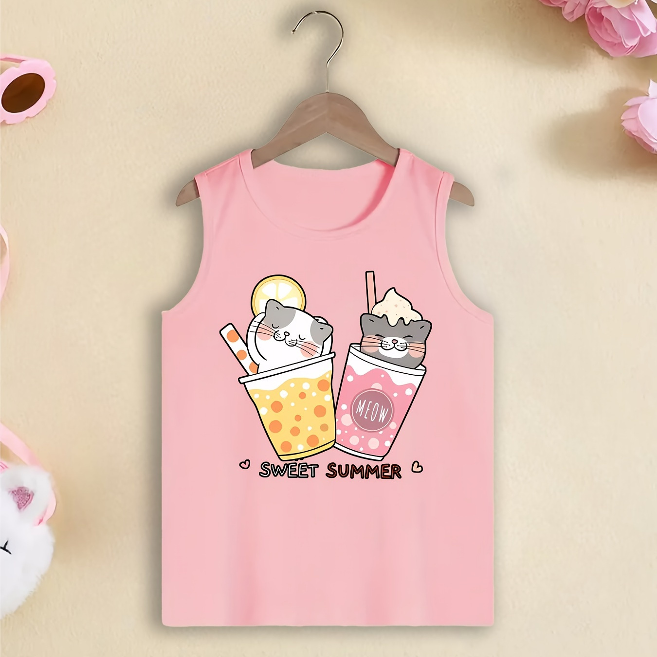 

Girls Sleeveless Tank Top, Cute Cartoon Cat In The Cup & Sweet Summer Print, Casual Sporty Style, Girls Summer Vest