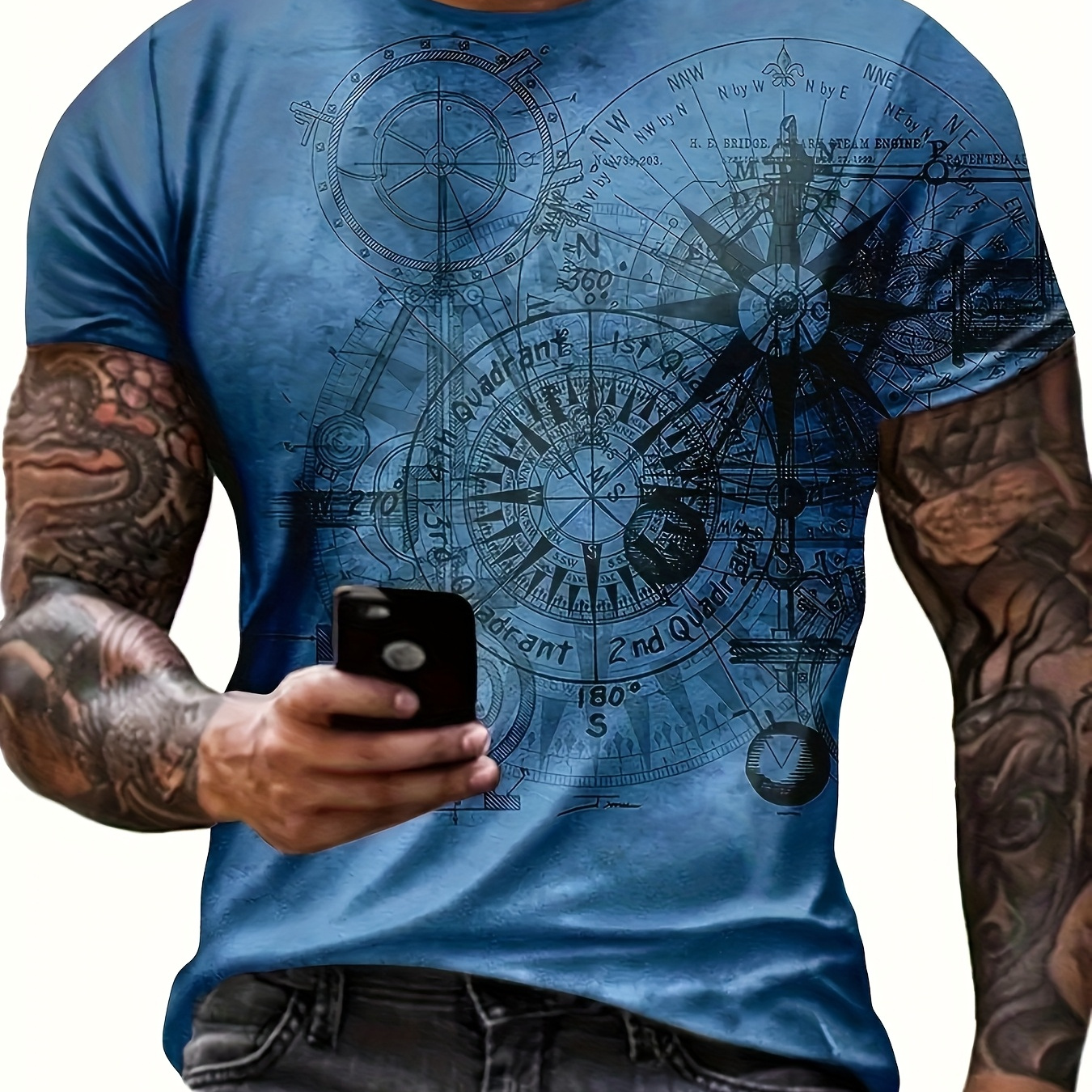 

Men's Vintage Compass Graphic T-shirt - 3d Printed Nautical Design, Crew Neck, Short Sleeve, Polyester Blend, Machine Washable, Cruise T Shirts