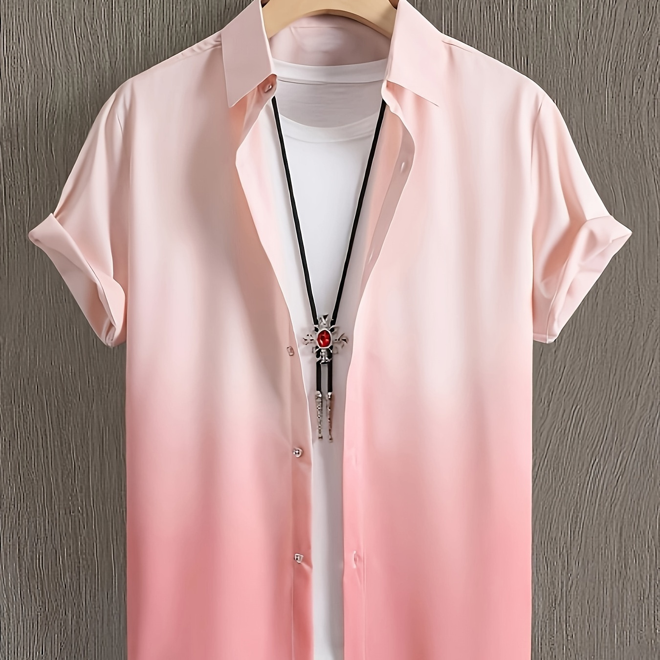 

Men's Casual Gradient Pink Short Sleeve Shirt - Breathable Polyester, Button-up Collar, Summer