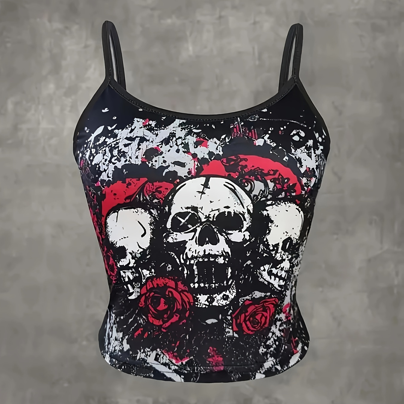 

Skull Print Backless Crop Cami Top, Y2k Spaghetti Strap Sleeveless Top, Women's Clothing