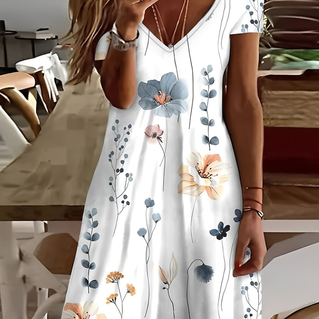 

Robe à imprimé floral, col en V, robe courte décontractée pour l'été et le printemps, vêtements pour femmes