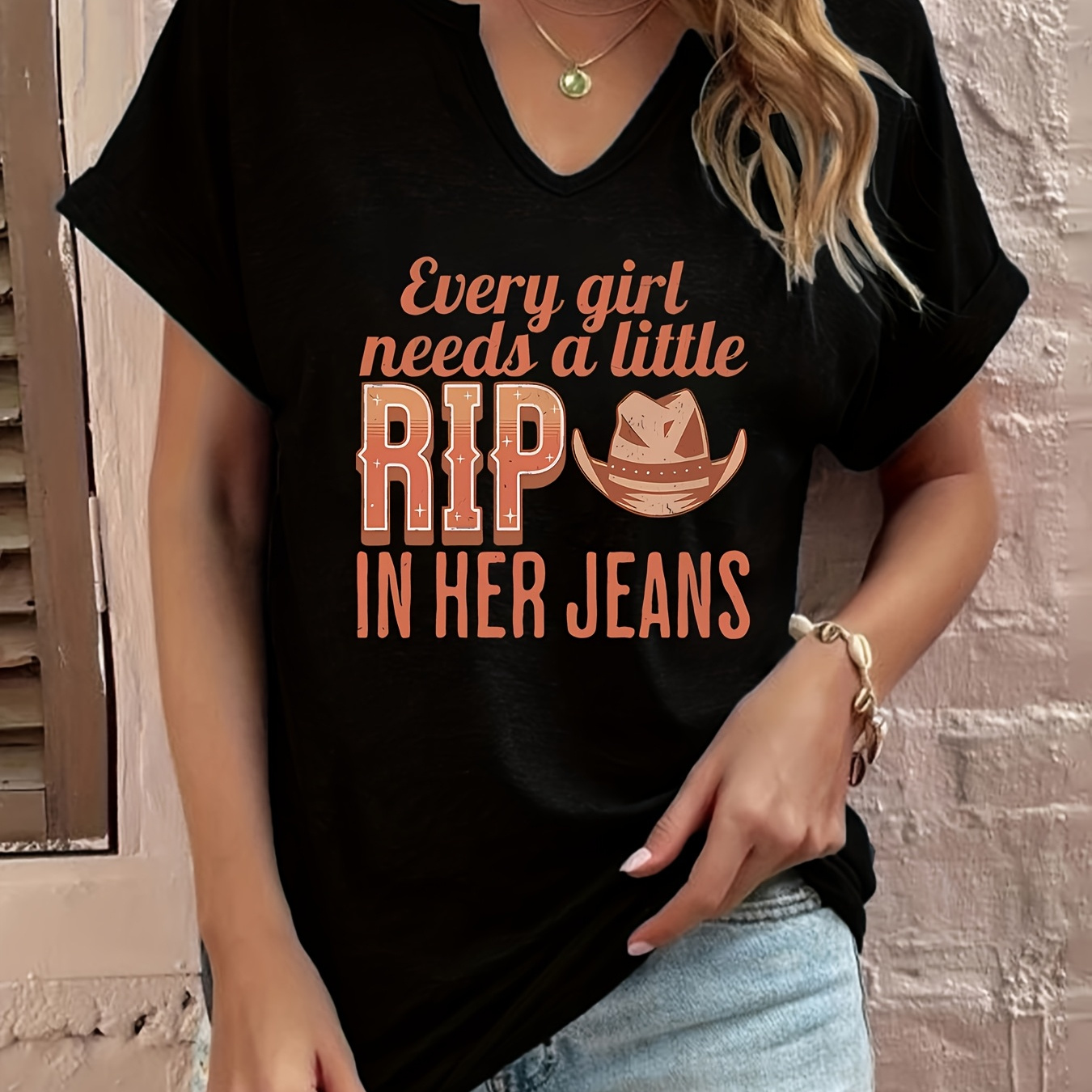 

Women's Summer V-neck T-shirt With " Girl Needs A Little Rip In Her Jeans" Letter Print, Short Sleeve, Knit Fabric, Regular Fit, Polyester 95% Elastane 5%, Slight Stretch, Casual Fashion Top