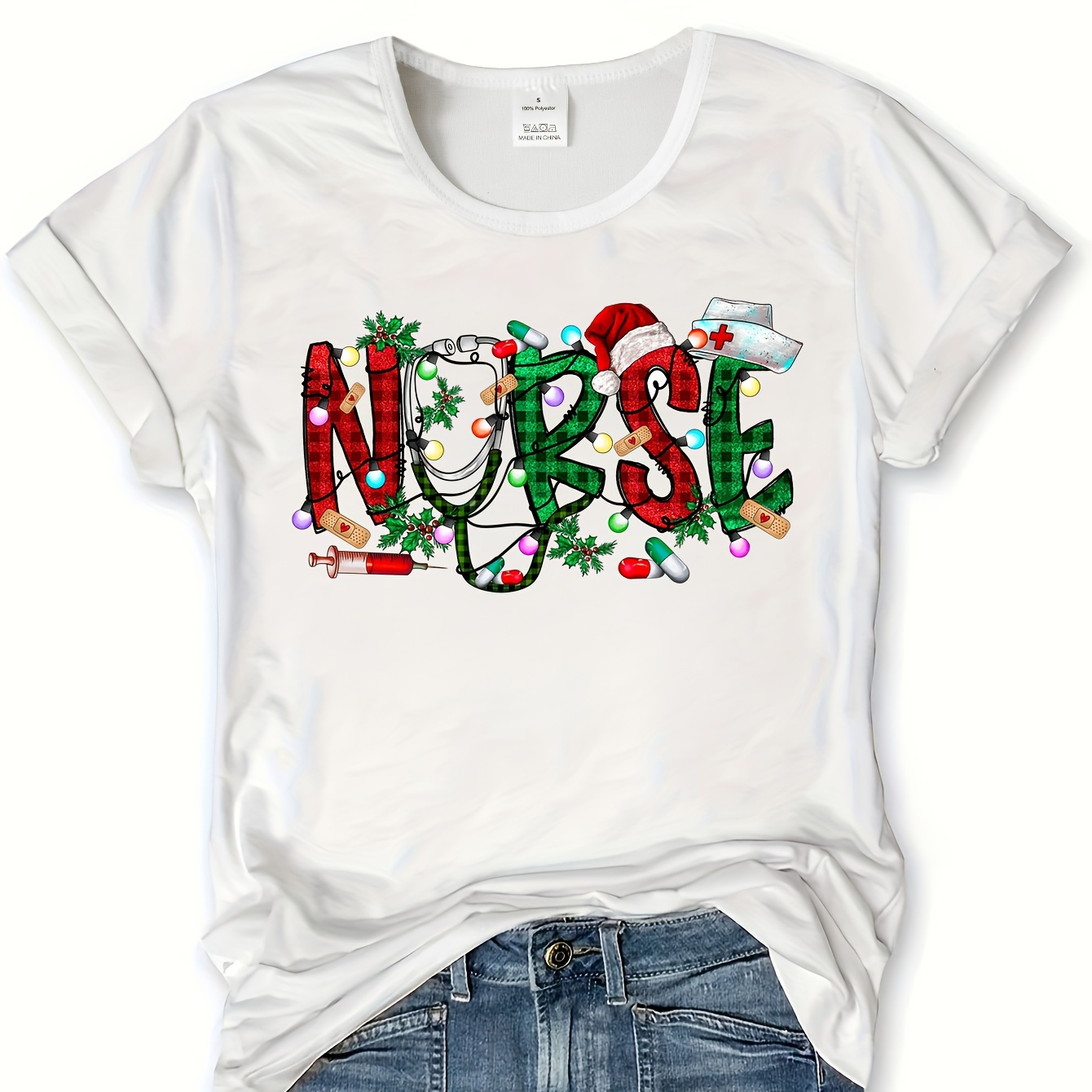 

Nurse Print T-shirt, Short Sleeve Crew Neck Casual Top For Summer & Spring, Women's Clothing