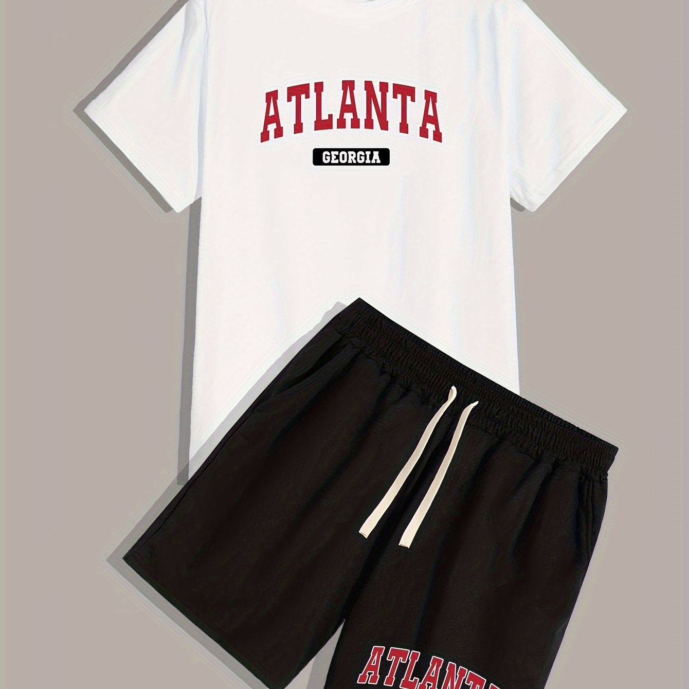 

Georgia Atlanta Letter Print Men's 2 Pieces Outfits, Crew Neck Short Sleeve T-shirt & Drawstring Shorts Set For Summer, Outdoor Sports