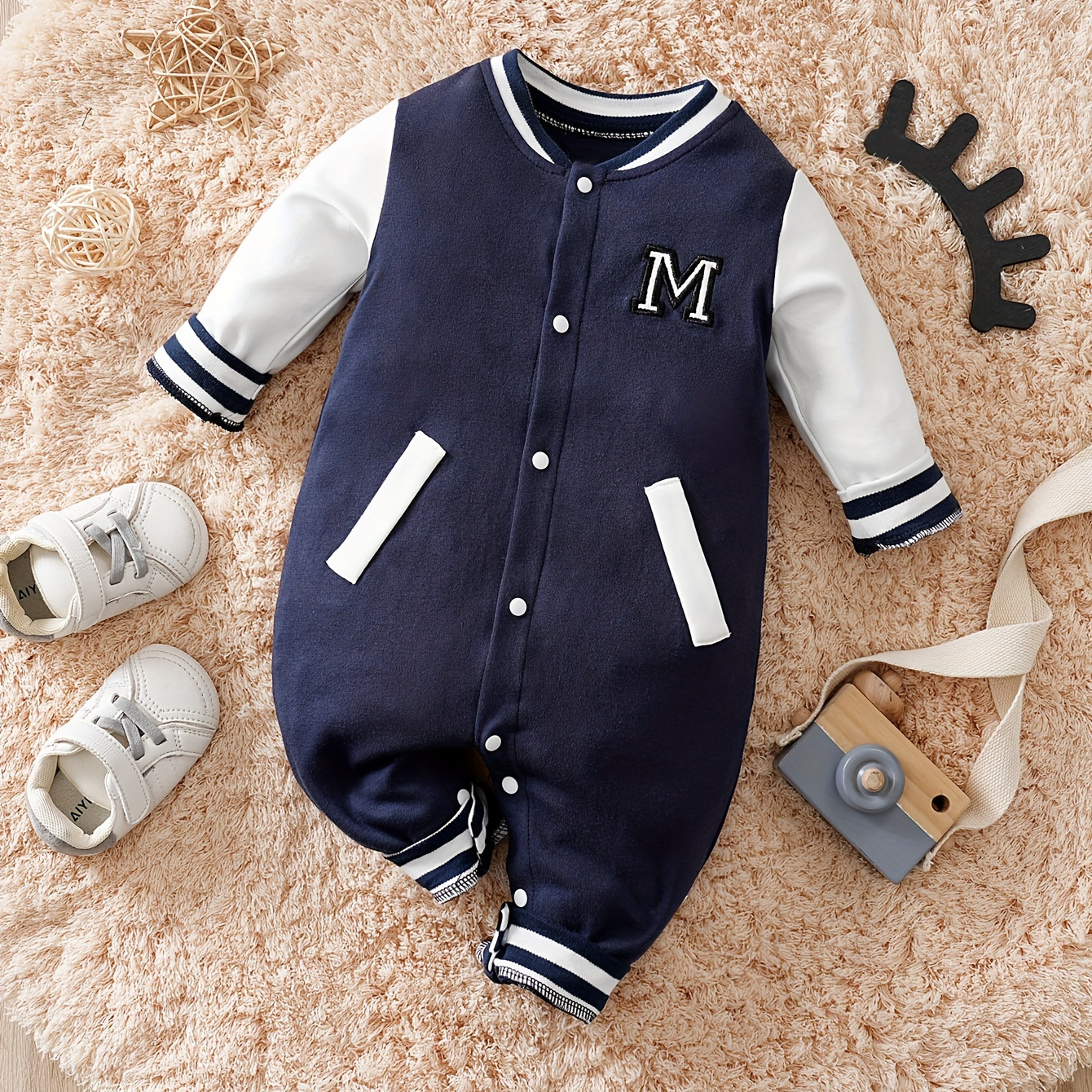 

Cotton Trendy Letter Pattern Baseball Jersey Romper, Baby Boys Long-sleeved Bodysuit For Spring And Autumn