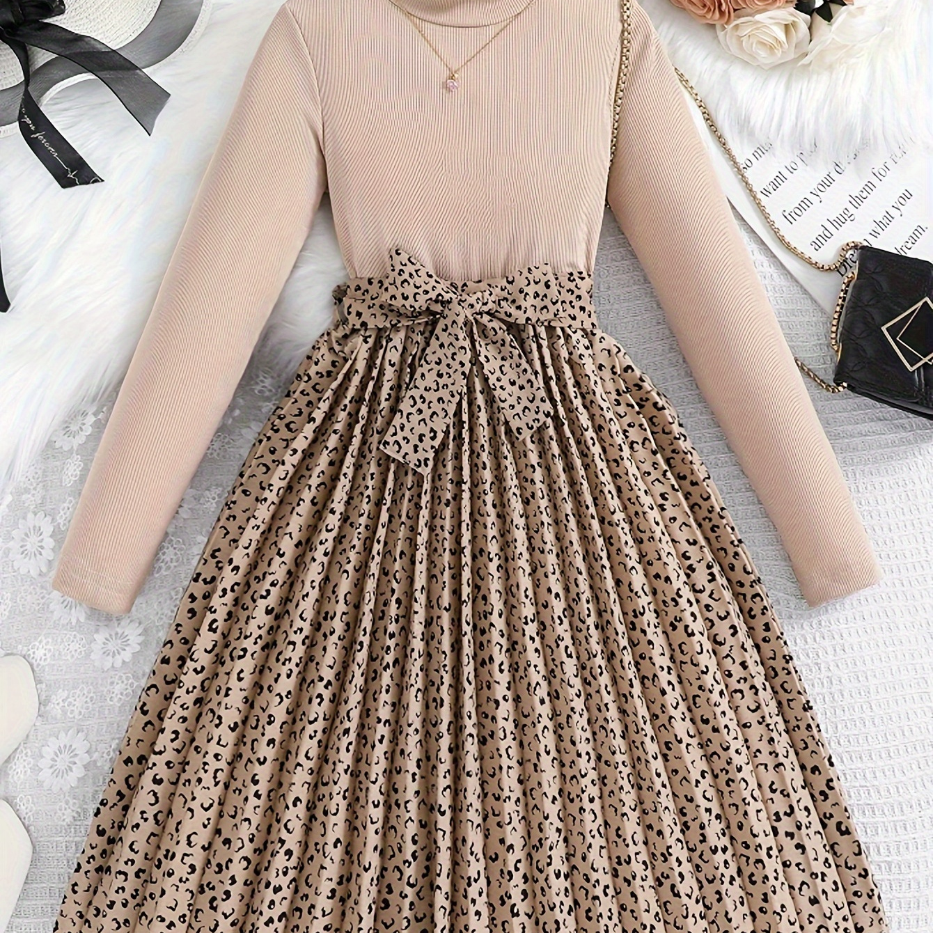 

Elegant Leopard Print Mock Neck Long-sleeve Dress For Girls, Winter & Fall Holiday Casual Dresses, Party, Gift Idea