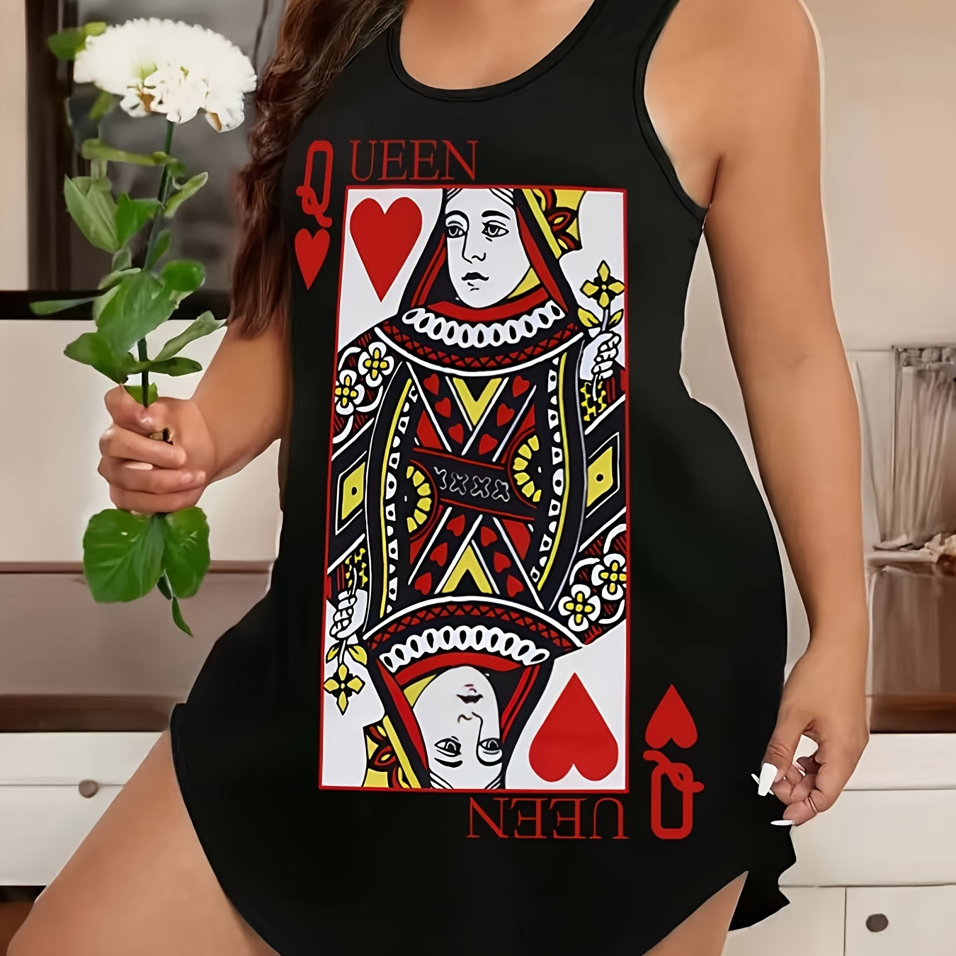 

Plus Size Poker Card Print Tank Dress, Casual Curved Hem Sleeveless Dress For Spring & Summer, Women's Plus Size Clothing