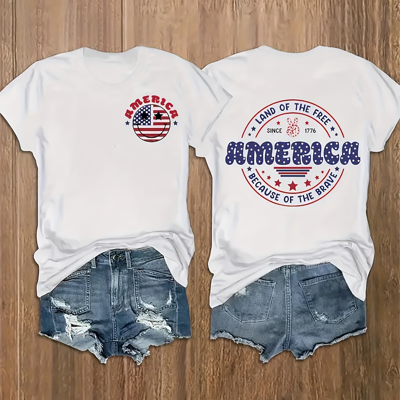 

America Print Crew Neck T-shirt, Casual Short Sleeve Top For Spring & Summer, Women's Clothing