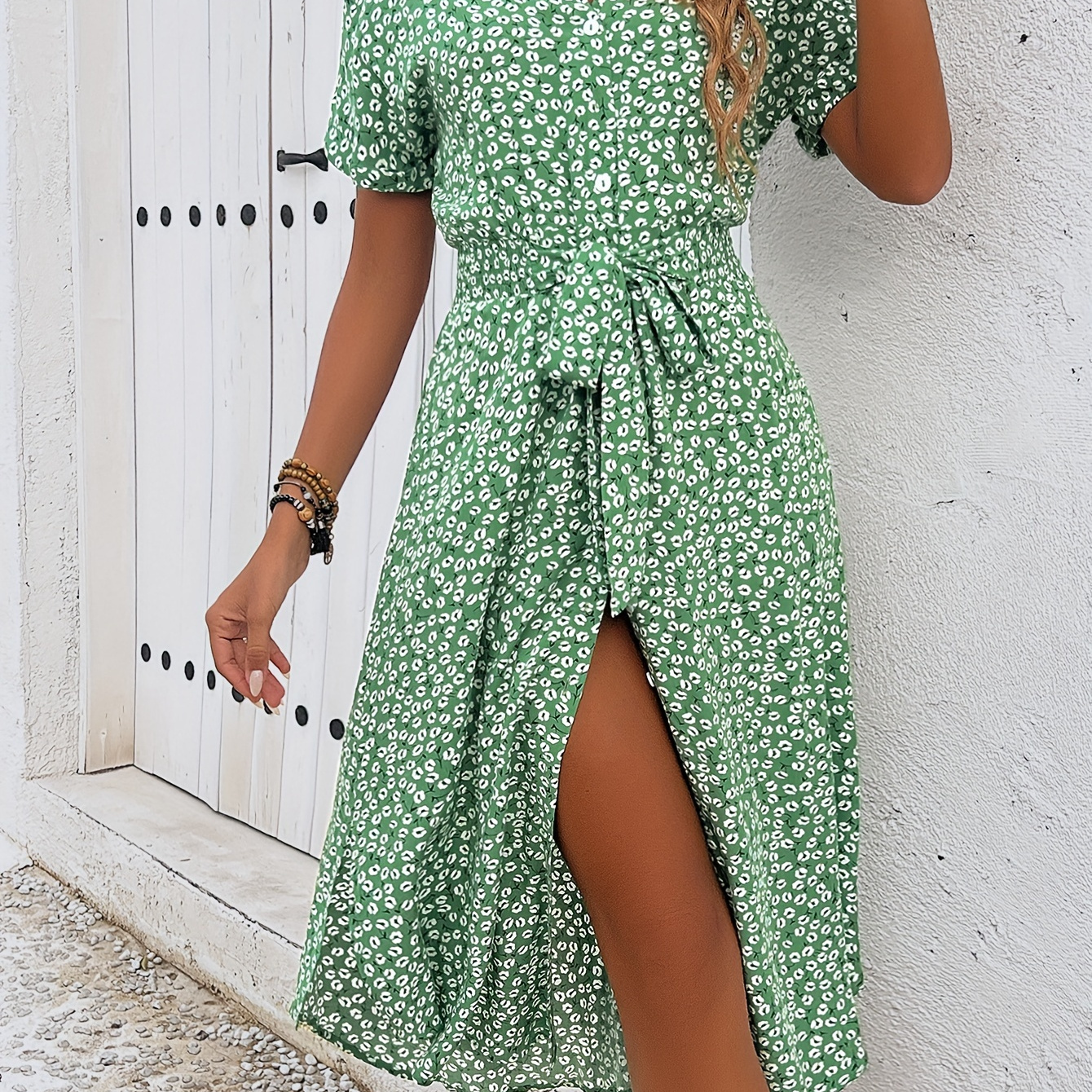 

Floral Print Button Front Collared Dress, Elegant Short Sleeve Belted Midi Dress For Spring & Summer, Women's Clothing