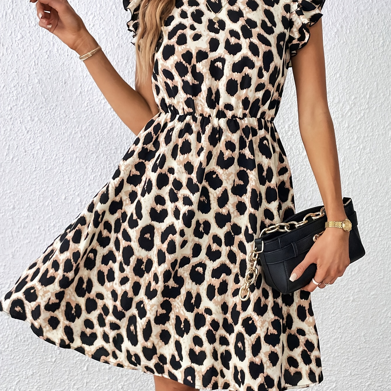 

Leopard Print Ruffle Trim Dress, Elegant Crew Neck Aline Dress For Spring & Summer, Women's Clothing