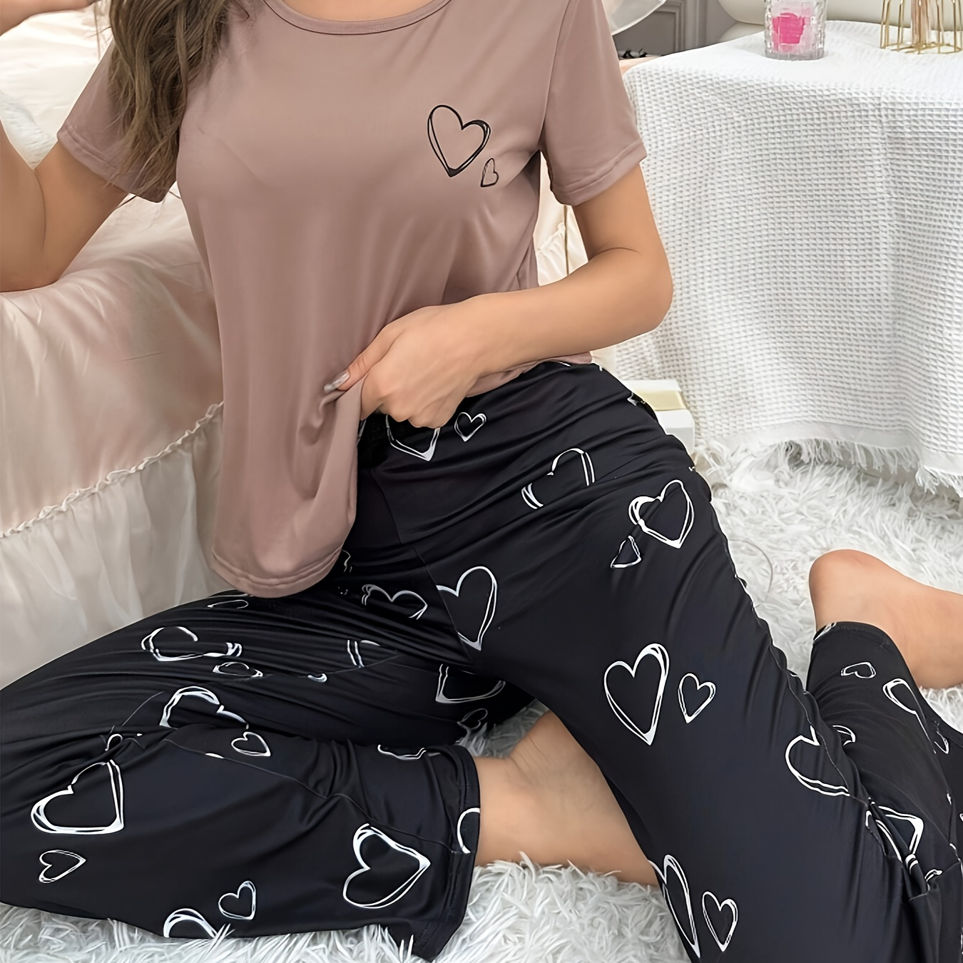 

Pajama Set, Short Sleeve Round Neck Top & Pants, Comfortable Relaxed Fit