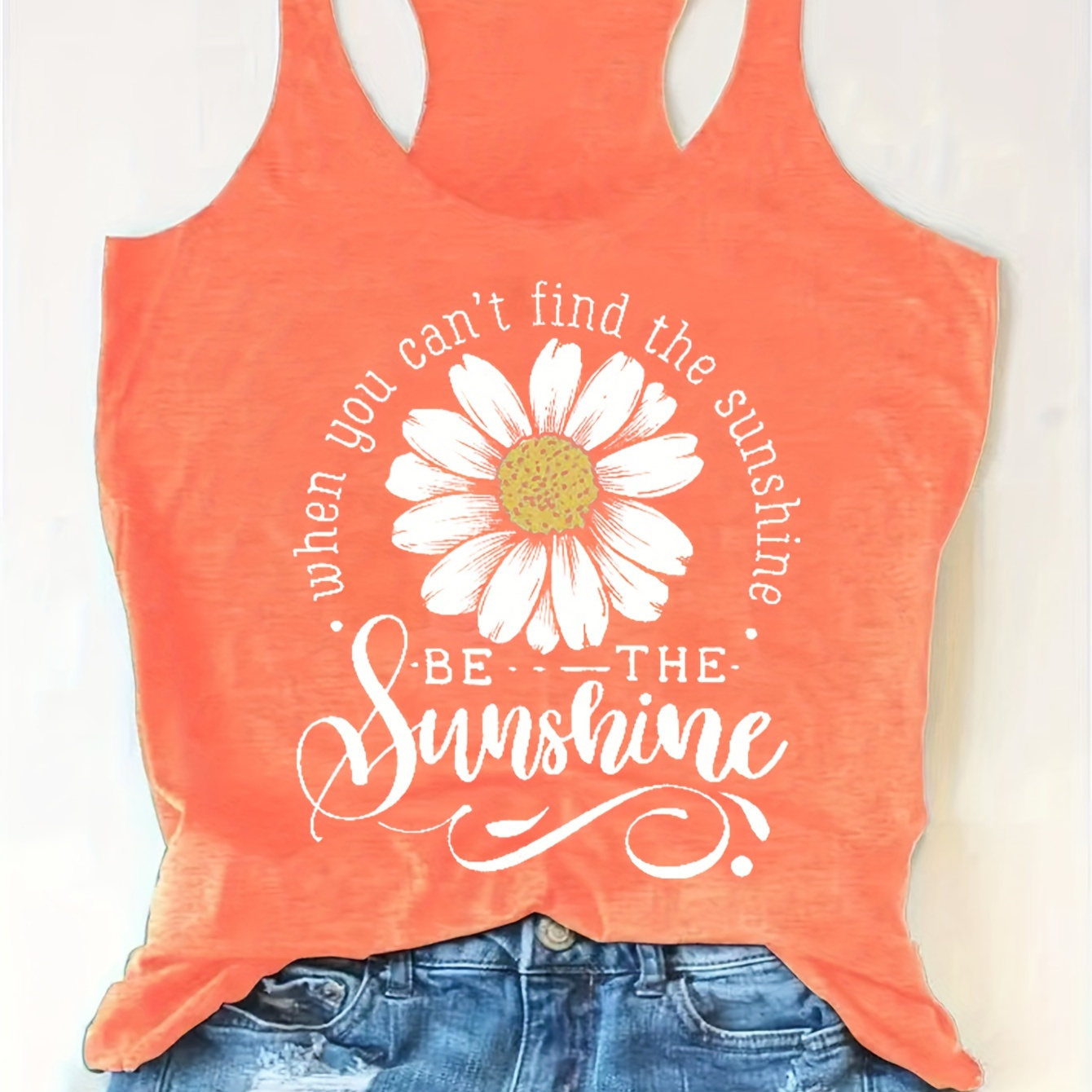 

Stylish European & American Letter Print Round Neck Tank Top - Orange, Casual Polyester With Daisy & Inspirational Quote, Machine Washable - All