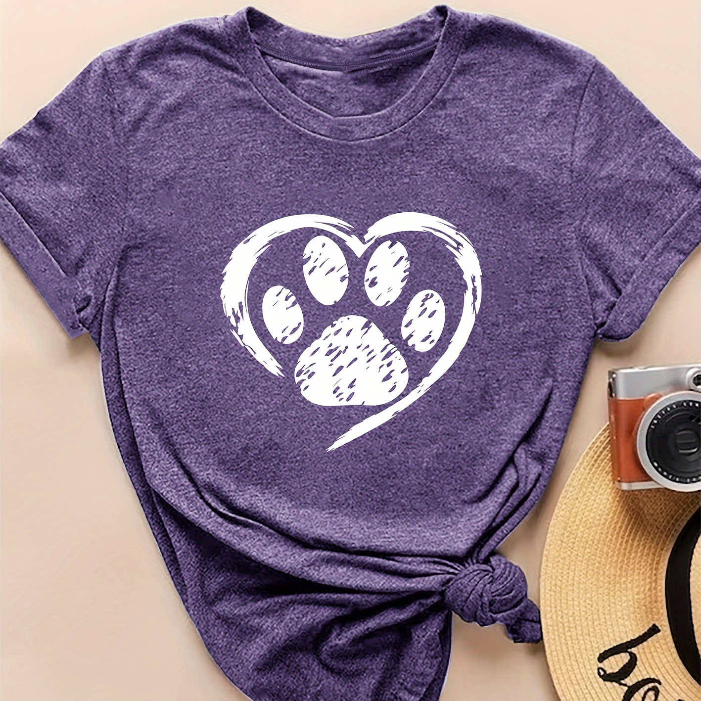 

Women's Vintage Heart-shaped Paw Print Casual Fashion T-shirt, Round Neck, Short Sleeve, Sporty Style Top