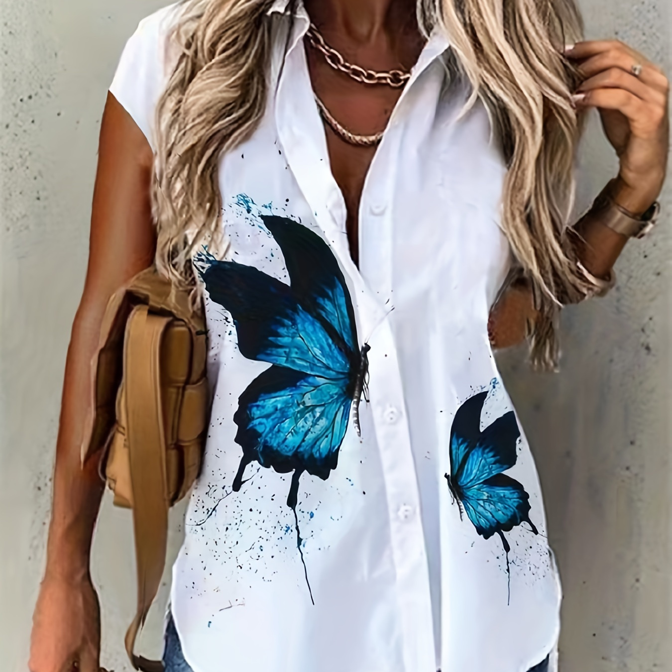

Plus Size Casual Blouse, Women's Plus Butterfly Print Button Up Cap Sleeve Turn Down Collar Blouse