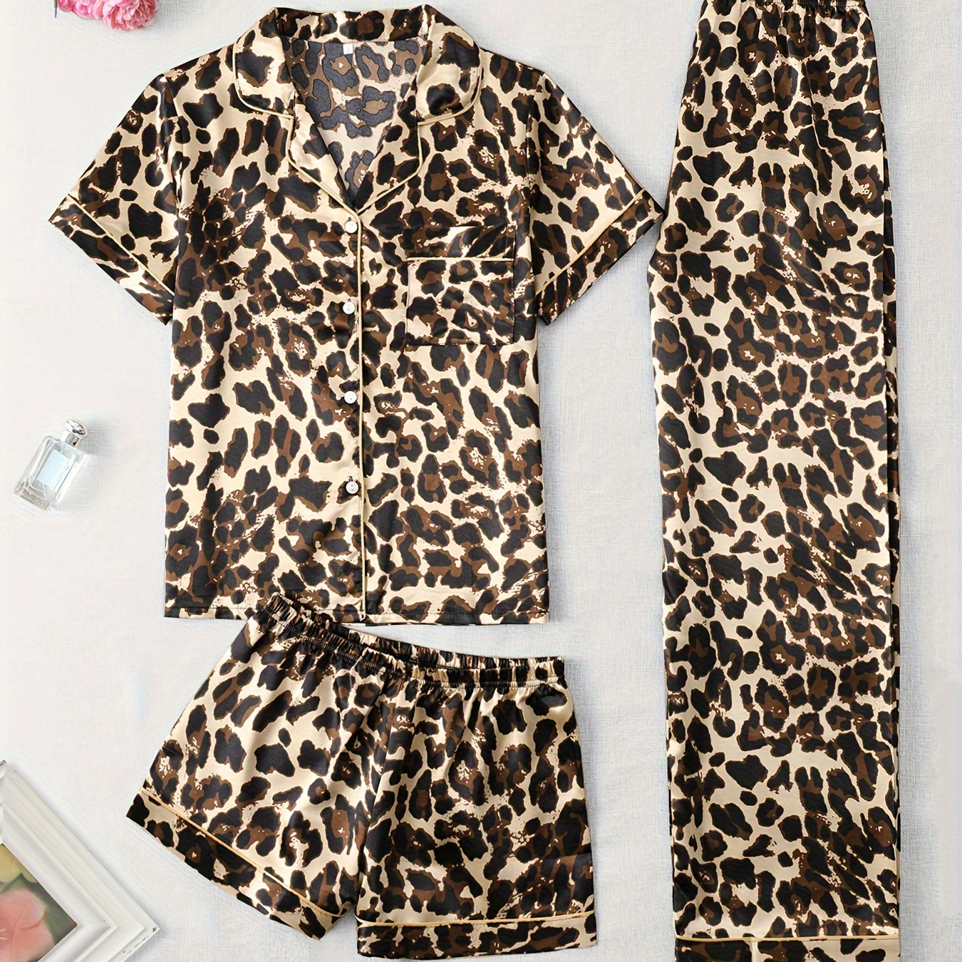 

Women's Mature Leopard Print Satin Pajama Set, Short Sleeve Buttons Lapel Top & Shorts & Pants, Comfortable Relaxed Fit