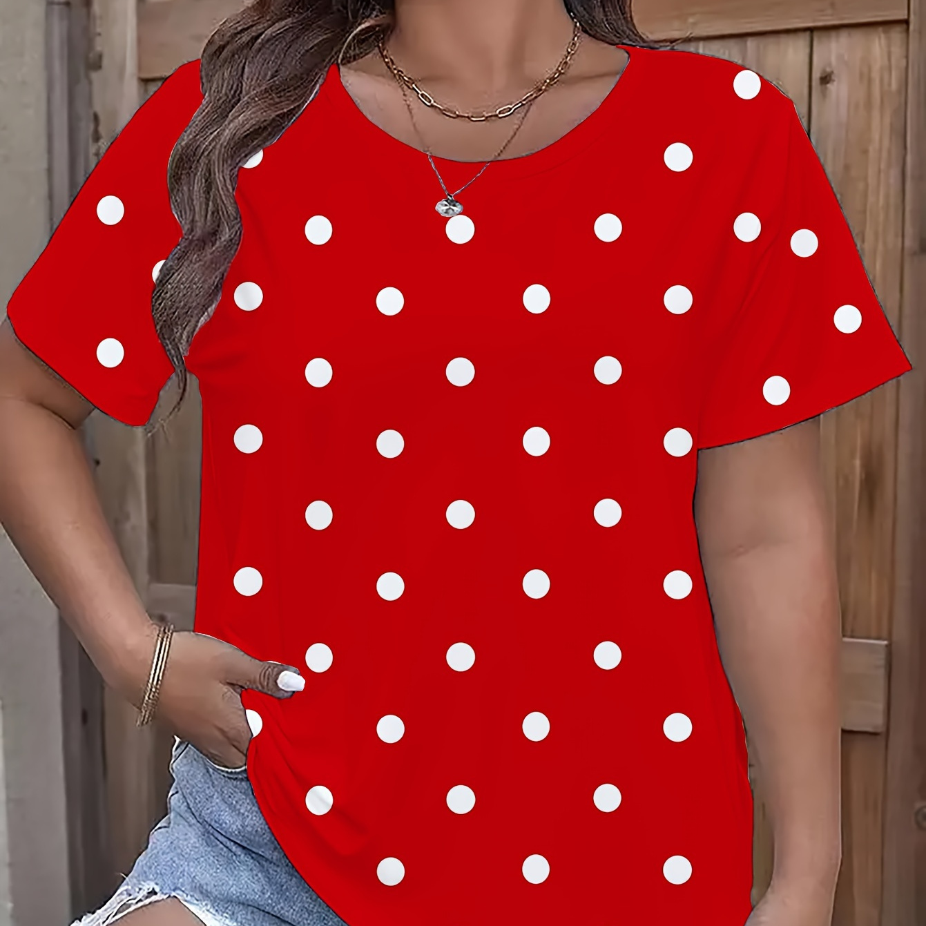 

Plus Size Polka Dot Print T-shirt, Casual Crew Neck Short Sleeve T-shirt, Women's Plus Size clothing