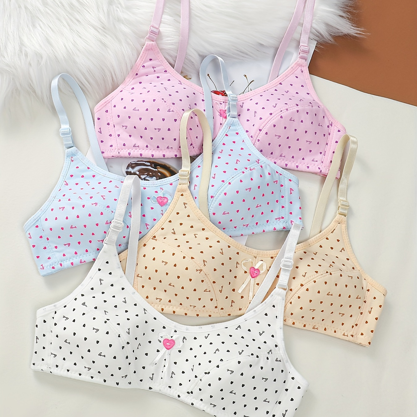 

4-pack Ditsy Floral Heart Print Training Bra Set For Girls 9-12, Medium Stretch Polyester-cotton Knit Fabric, Adjustable Spaghetti Straps, , Regular Fit, No Padding, Daily Casual Wear