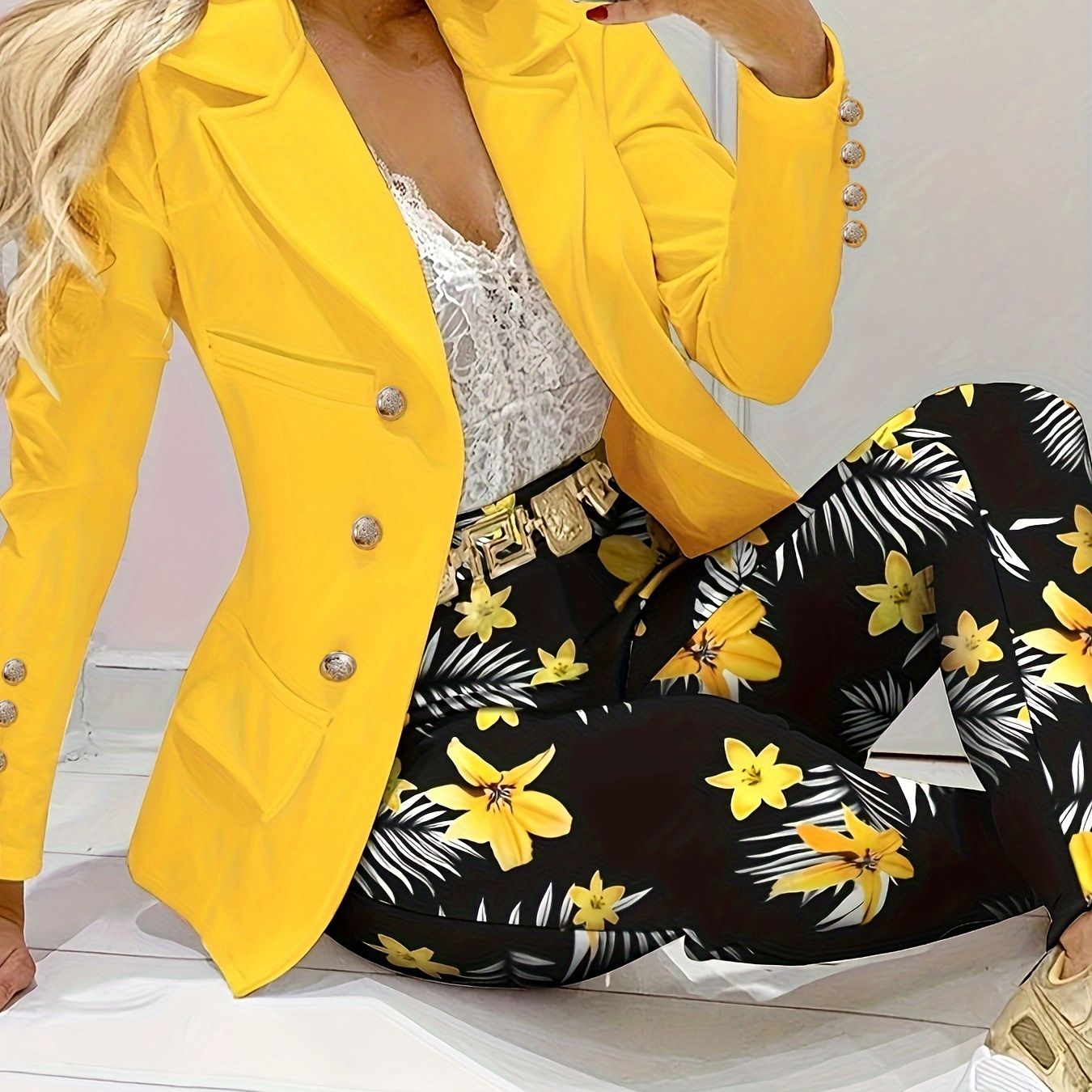 

Elegant Stylish Two-piece Set, Solid Open Front Long Sleeve Blazer & Floral Print Wide Leg Pants Outfits, Women's Clothing