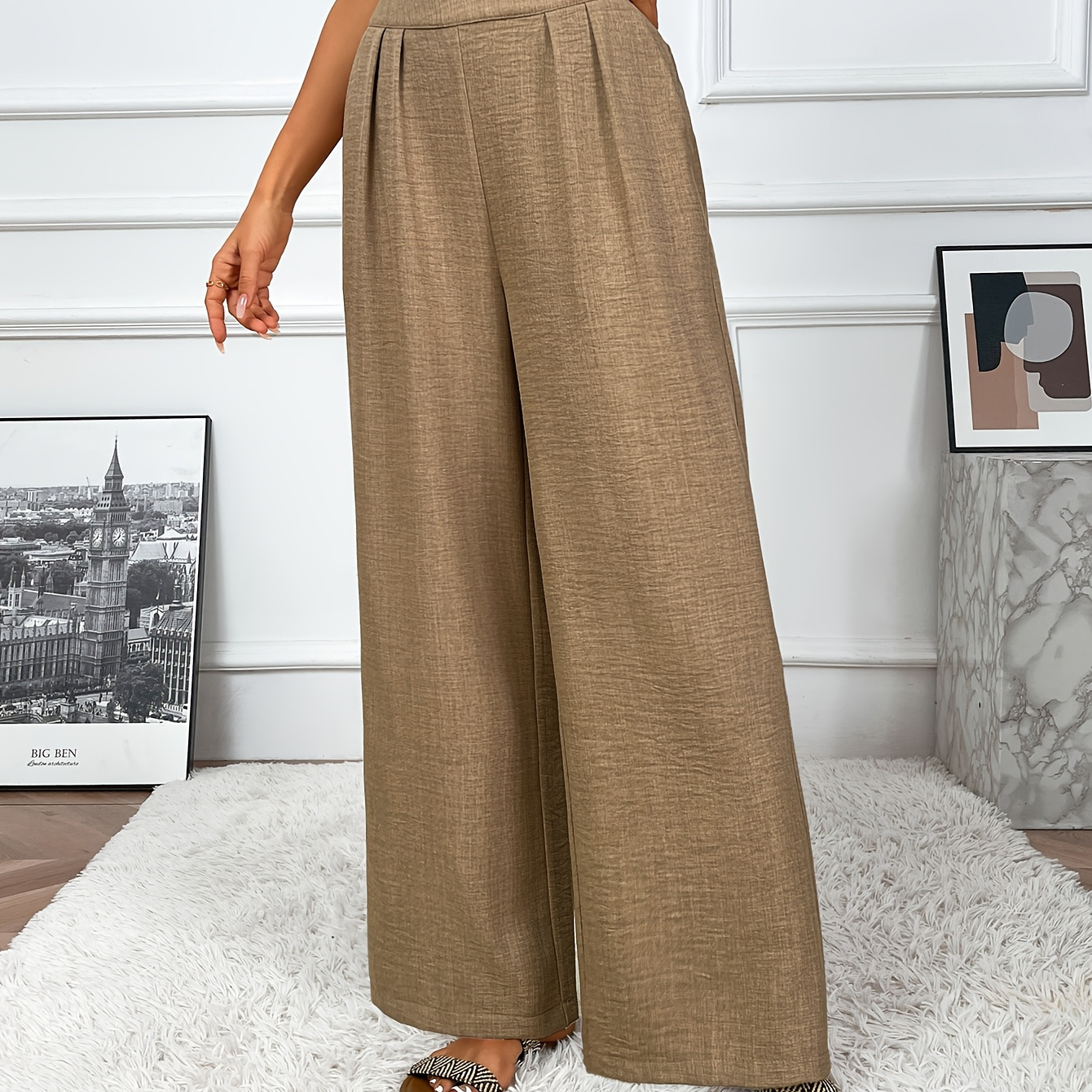 

Women's Casual Solid Color Wide-leg Pants - High Waist, Loose Fit, Polyester, Machine Washable - Spring/summer/fall