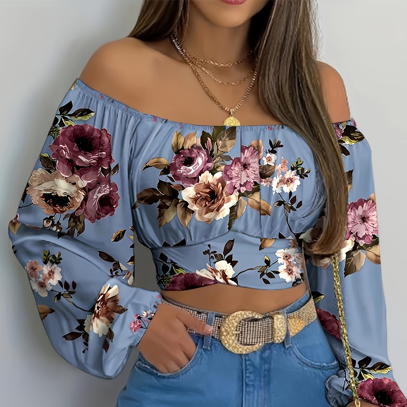 

Elegant Off Shoulder Floral Print Long Sleeve Top, Polyester Spandex Blend, Lantern Sleeve, Hem, Pullover, Weekend Casual, Regular Fit, Adult Women's Clothing