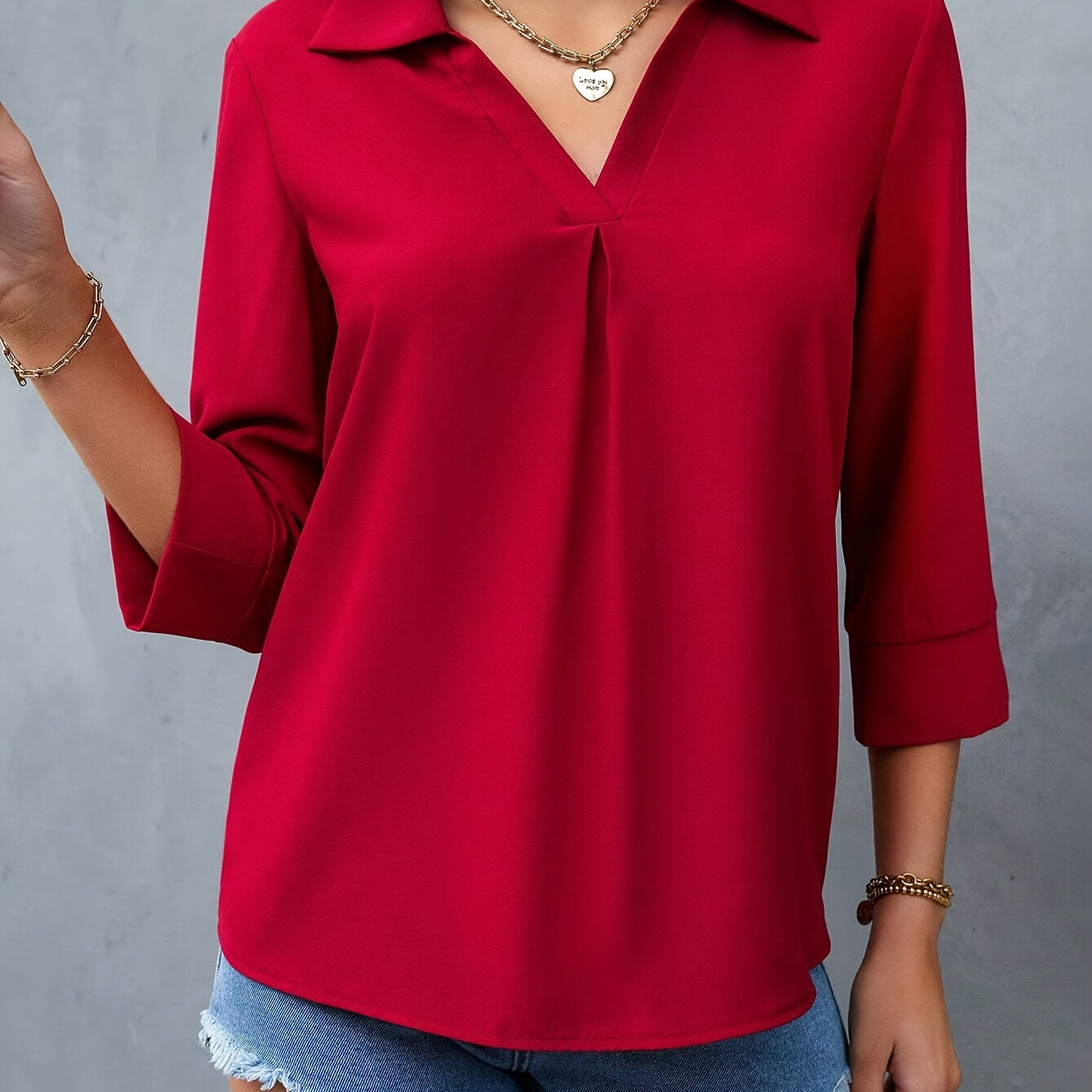 

Elegant Solid Color V-neck Blouse For Women, Polyester , Woven, Quarter Length Sleeves, For Spring/fall