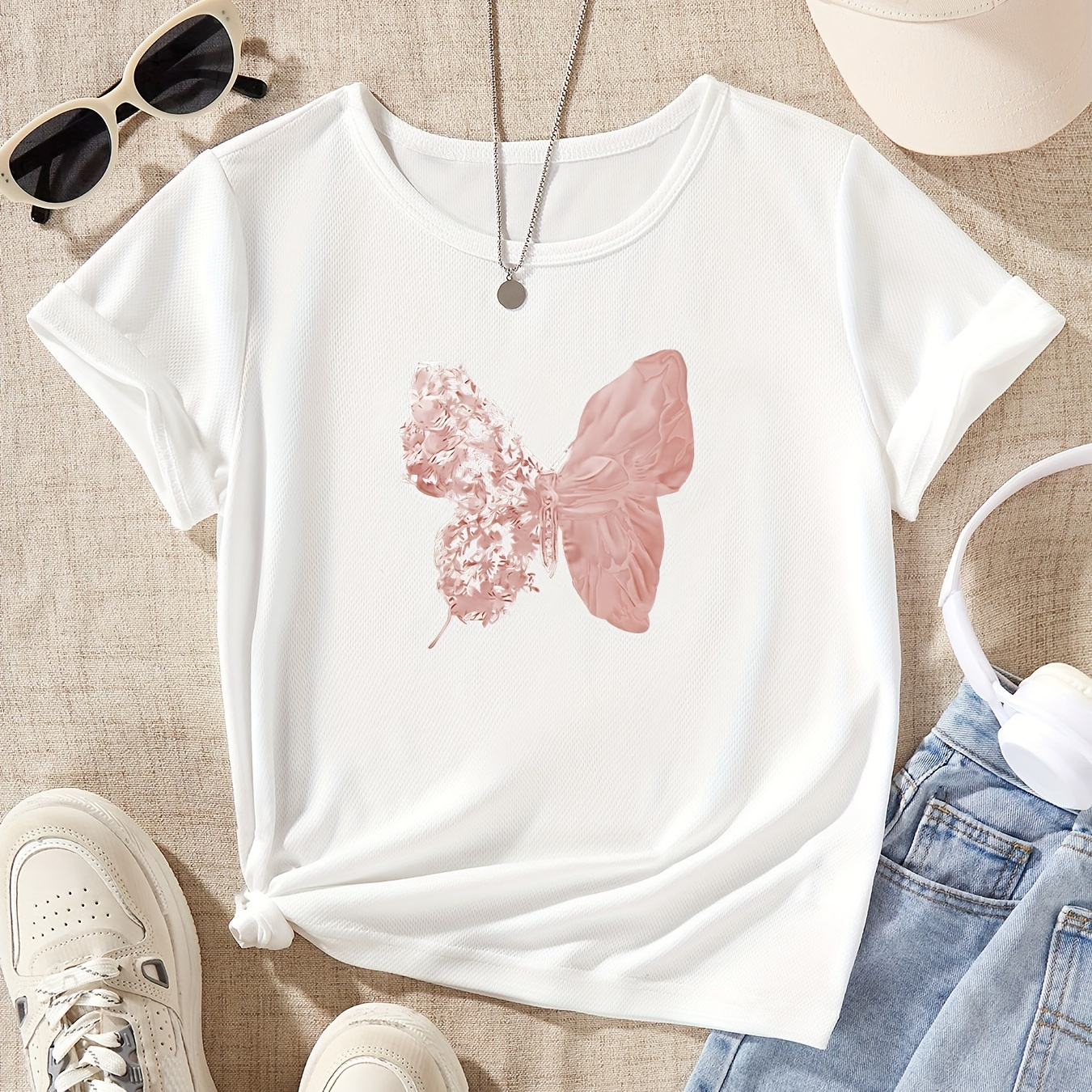 

Quick-drying Butterfly Pattern Short Sleeve Crew Neck Mesh T-shirt For Girls, Casual Comfy Breathable Versatile Tee Top Summer Gift