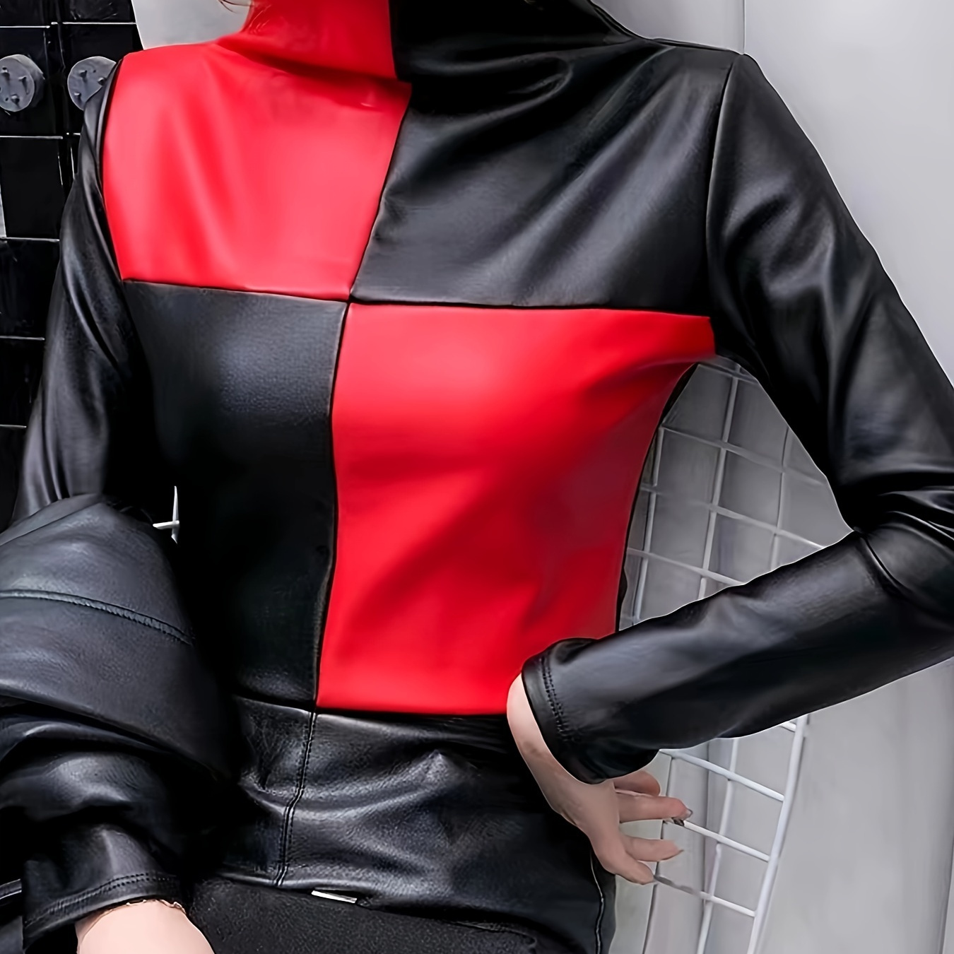 

Leather High- Fitted Outerwear With Tight Color- Long Sleeves