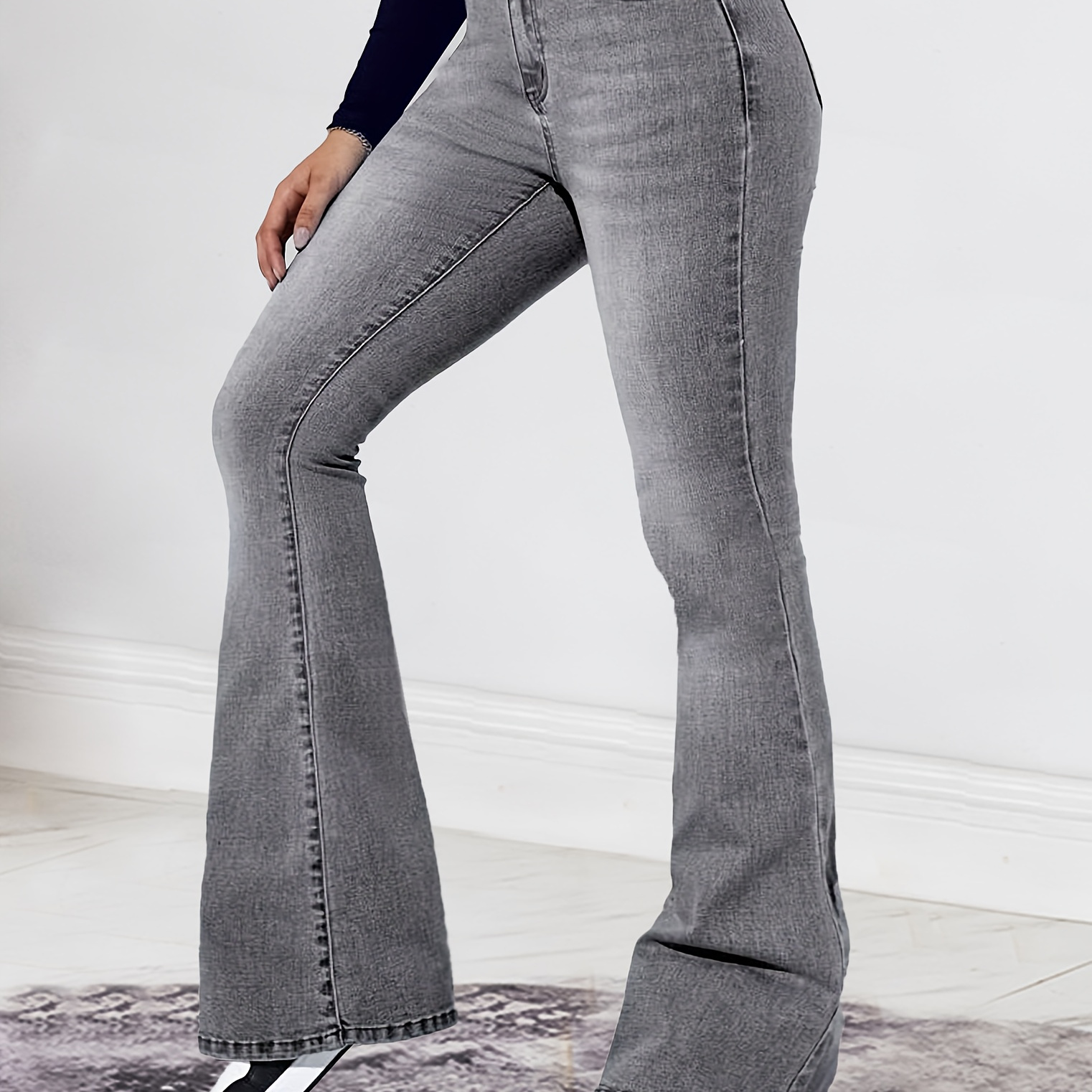 

Women's Elegant Plain Washed Gray Flared Jeans, High-waisted Bell Bottom Trousers, Stretch Denim, Casual Retro Style, Fashionable Pants Suit For Autumn