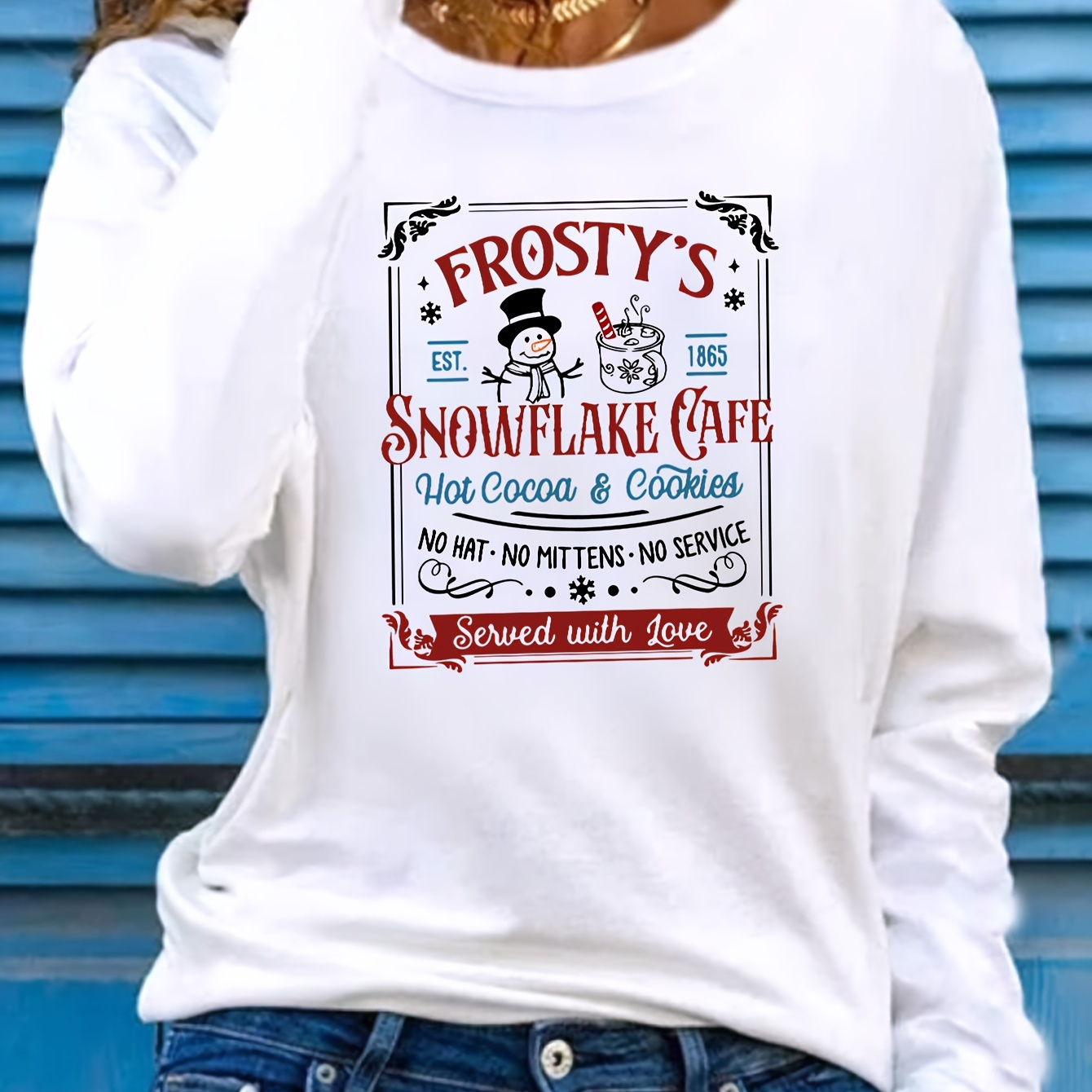 

Snowflake Cafe Christmas Long Sleeve T-shirt - Casual Polyester Knit Fabric With Round Neckline, Festive Holiday Embroidered Design, Comfort