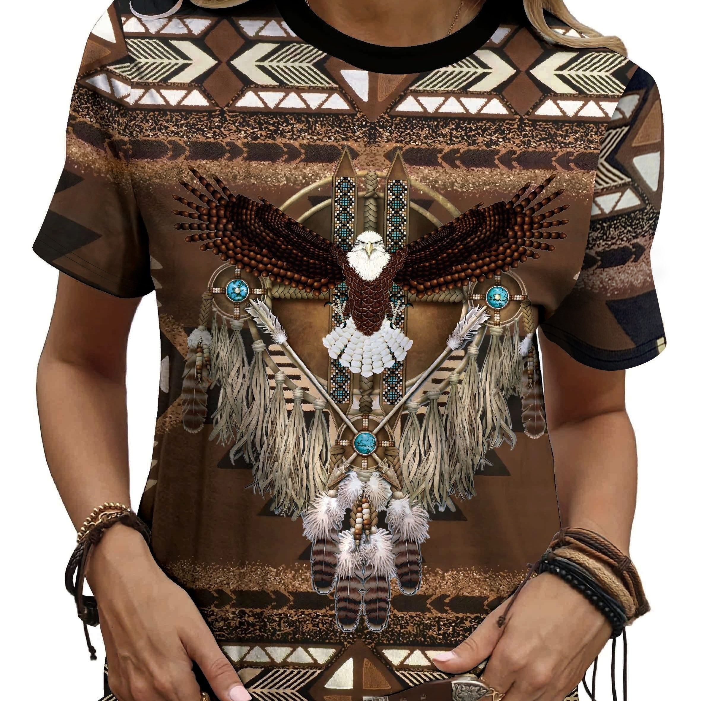 

Ethnic Style Eagle Print Crew Neck T-shirt, Short Sleeve Casual Top For Spring & Summer, Women's Clothing