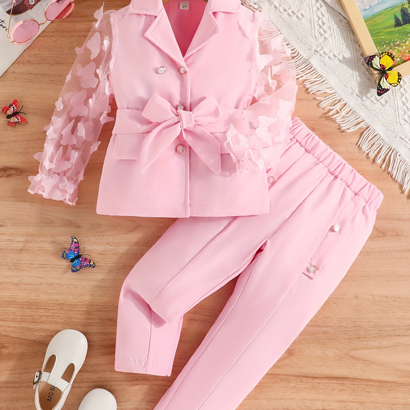 

2pcs Elegant Sweet Girls 3d Butterfly Appliques Long Sleeve Lapel Suit Jacket + Solid Pants Set