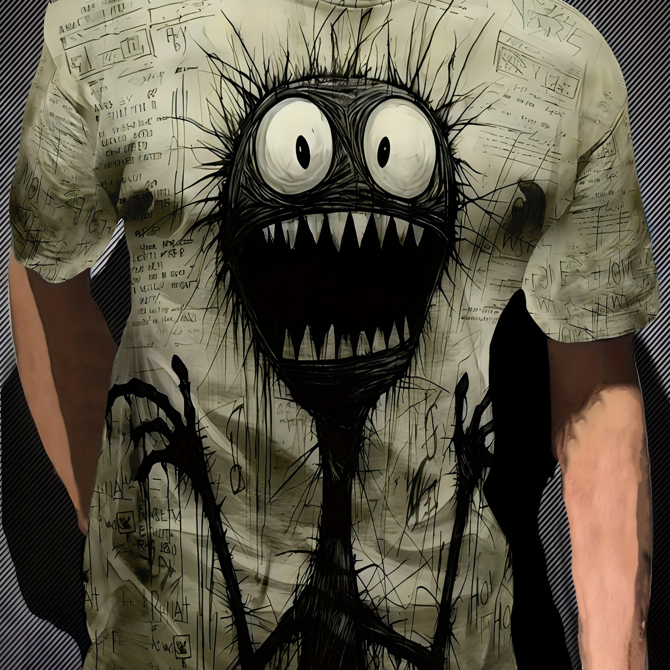 

T-shirt décontracté à col rond pour homme avec un léger stretch pour l'été, imprimé monstre de dessin animé 3D, 100 % polyester.