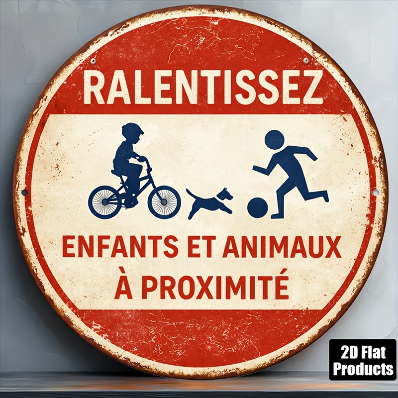 TEMU Panneau rond plat 2D, 1pc 8X8In/20X20Cm, Plaque Vintage avec message "Slow Down, Watch for Children And Animals" (Ralentissez, attention aux