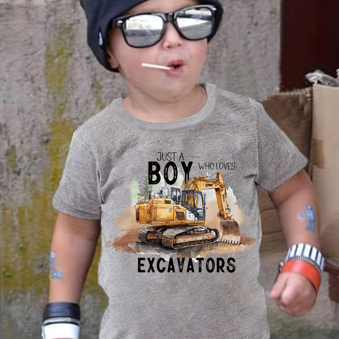 

Pure Cotton - Casual Versatile Boys' Summer Tops - Letters & Excavator Print Short Sleeve Crew Neck T-shirt Trendy Gift