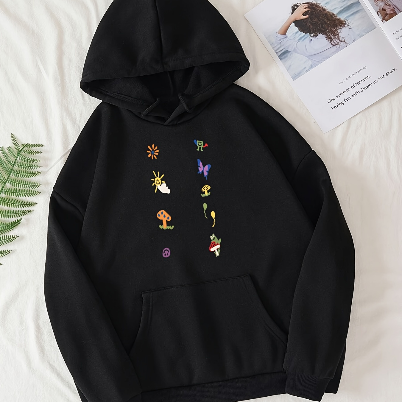 Cute Cartoon Mushroom Print Hoodies Long Sleeve Drawstring Kangaroo