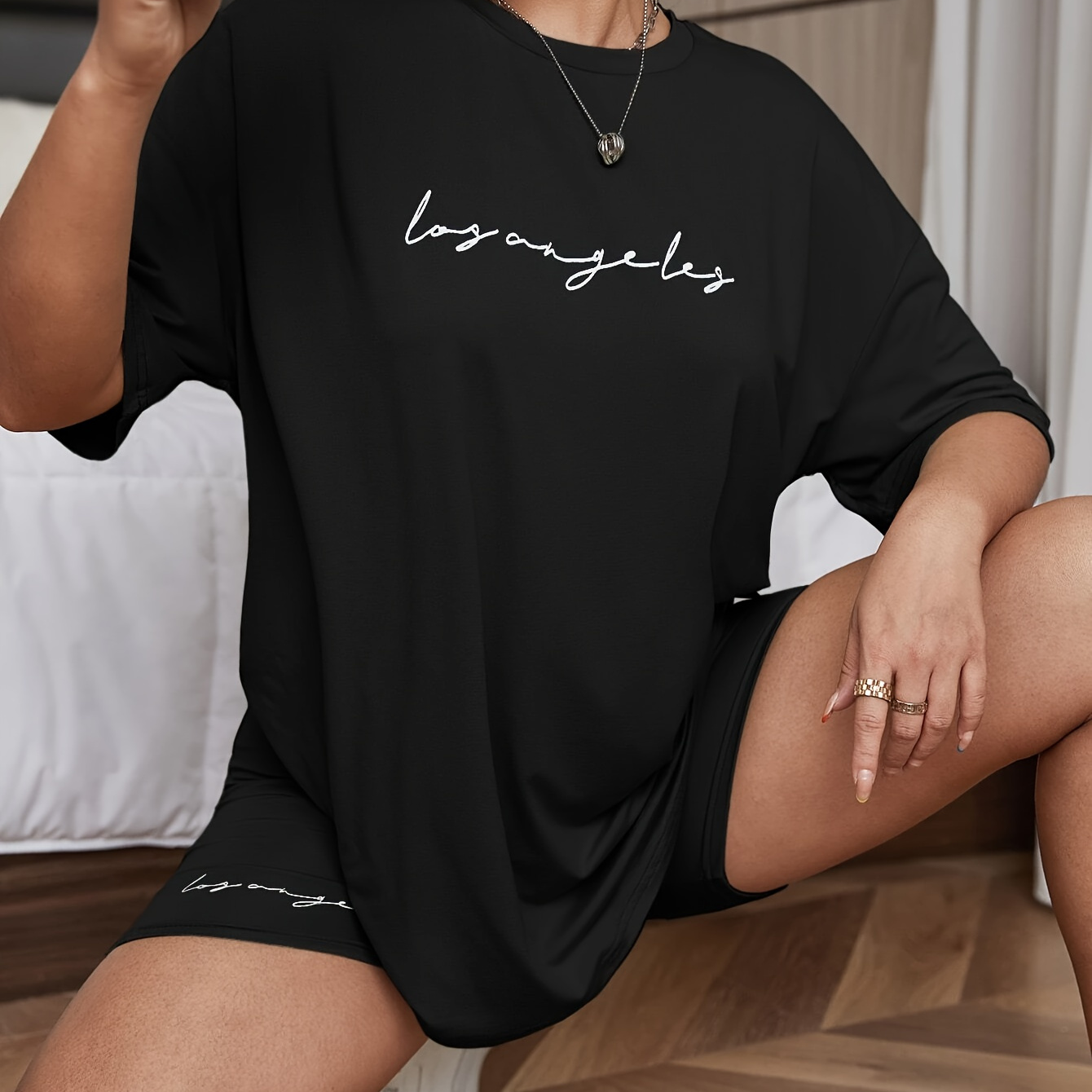 

Letter Print Two-piece Set, Casual Short Sleeve Crew Neck T-shirt & Skinny Shorts Outfits, Women's Clothing