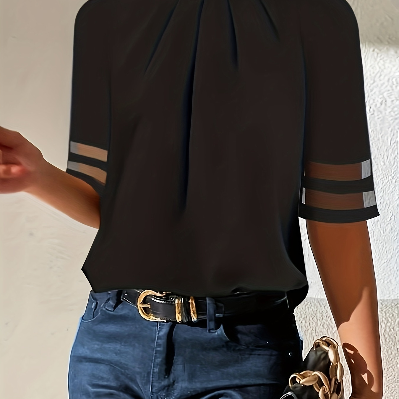 

Tucked Keyhole Blouse, Casual 3/4 Sleeve Simple Blouse, Women's Clothing