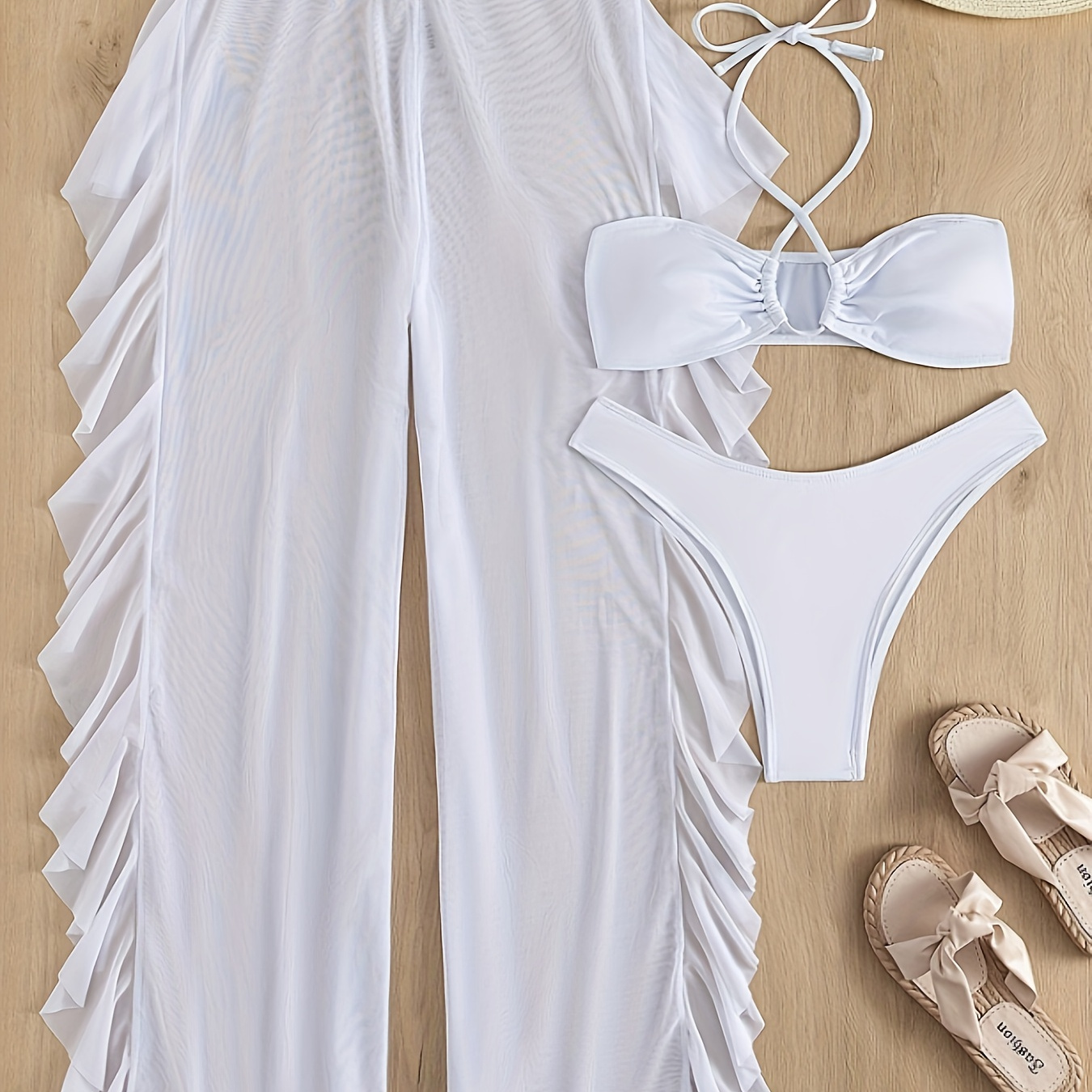 

Women's Plain 3-piece Swimwear Set, High Cut Bottom & Lace-up Bikini Top With Matching Pant, High Elastic Beachwear