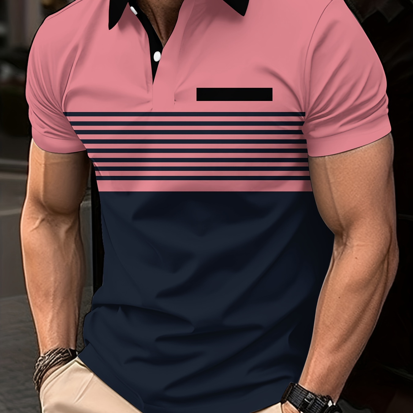 

Men's Casual Striped Short Sleeve Lapel Shirt, Chic Sports Top For Summer Outdoor Activities