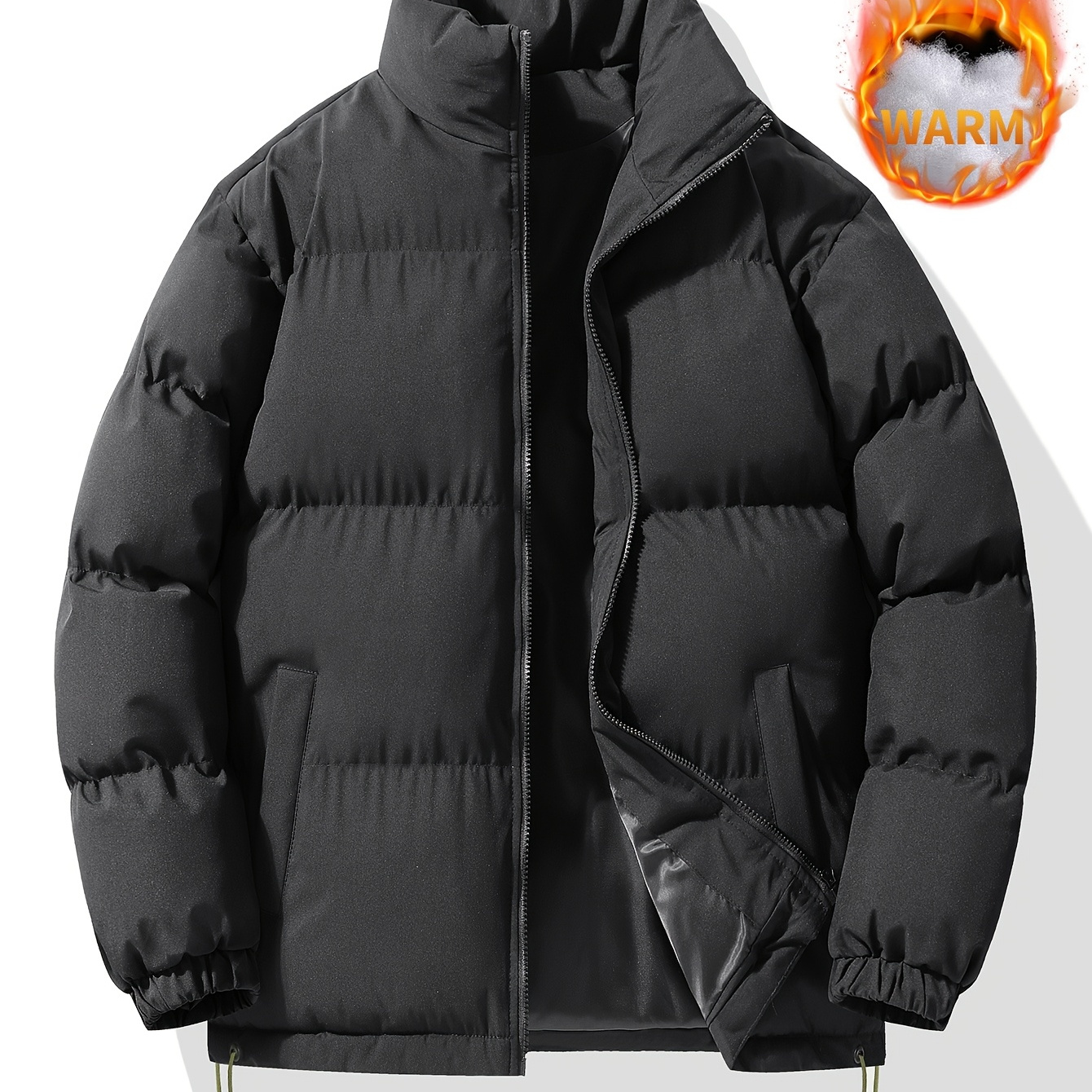 

Men's Casual Solid Color Puffer Jacket With Stand Collar And Zip- - Warm, Loose Fit For Winter Outdoor Activities