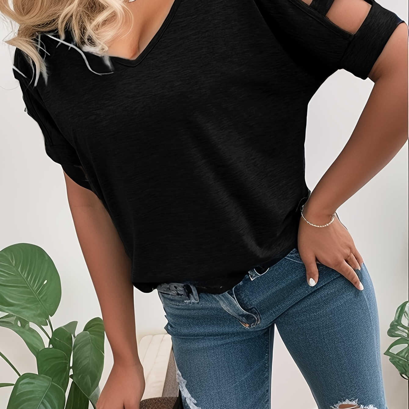 

Cut Out V Neck T-shirt, Casual Short Sleeve T-shirt For Spring & Summer, Women's Clothing